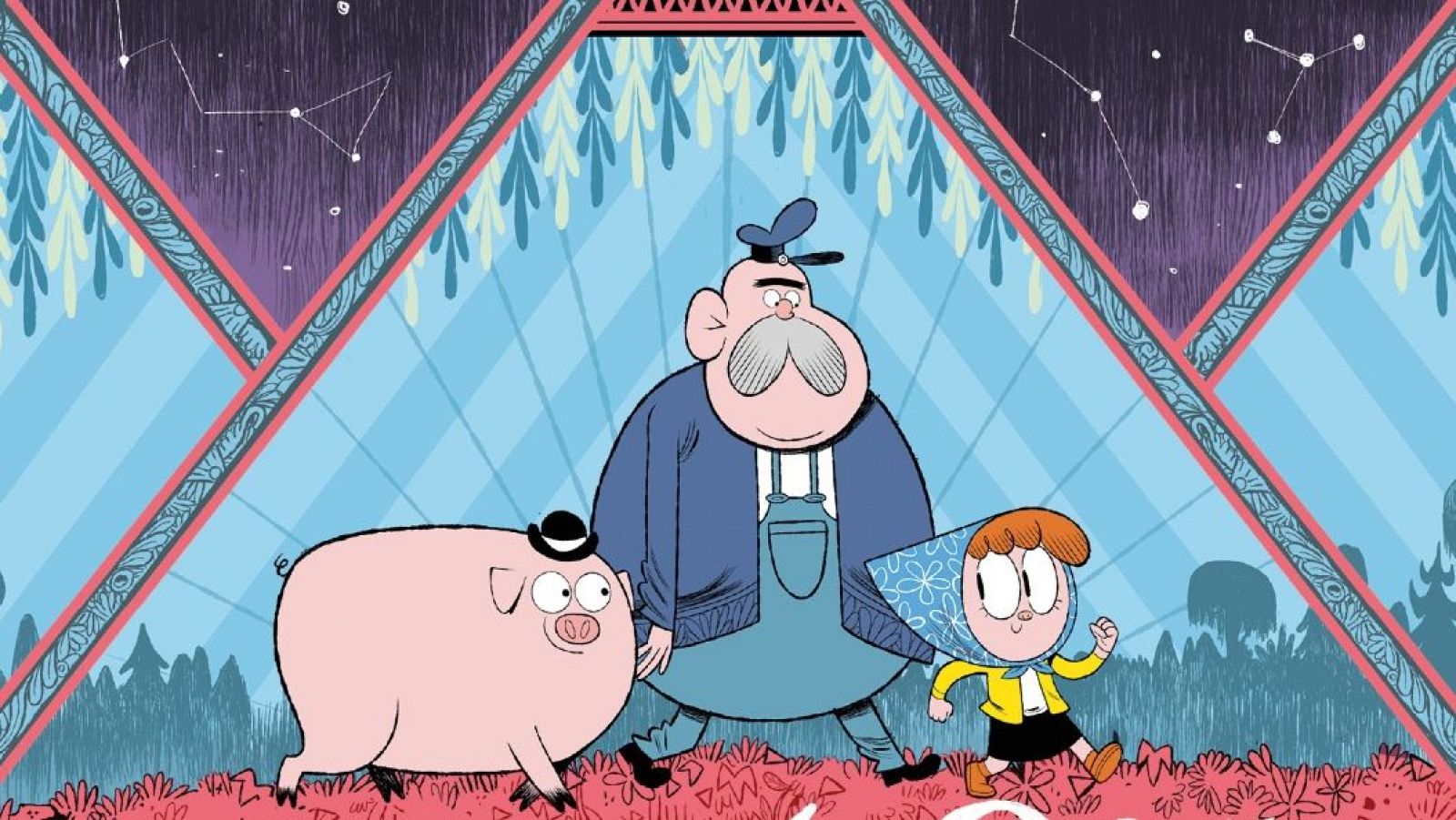 Ilustración de cómic con un cerdo, un hombre y una niña caminando por un paisaje estilizado con vegetación y cielo estrellado.