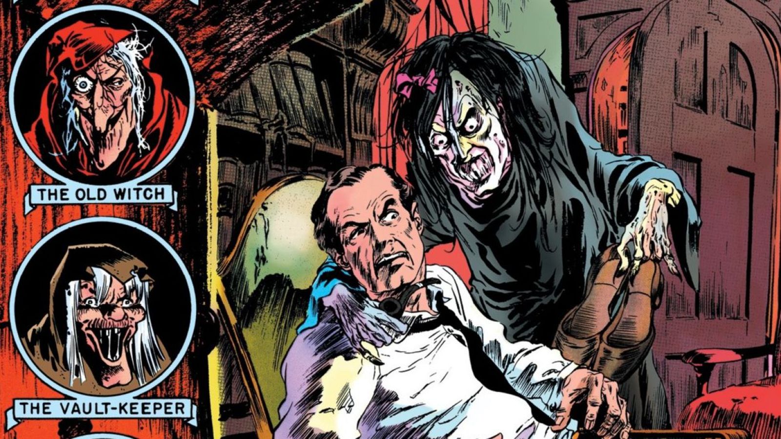 Portada de cómic de terror con un hombre aterrorizado y una criatura grotesca. Incluye retratos de "THE OLD WITCH" y "THE VAULT-KEEPER".