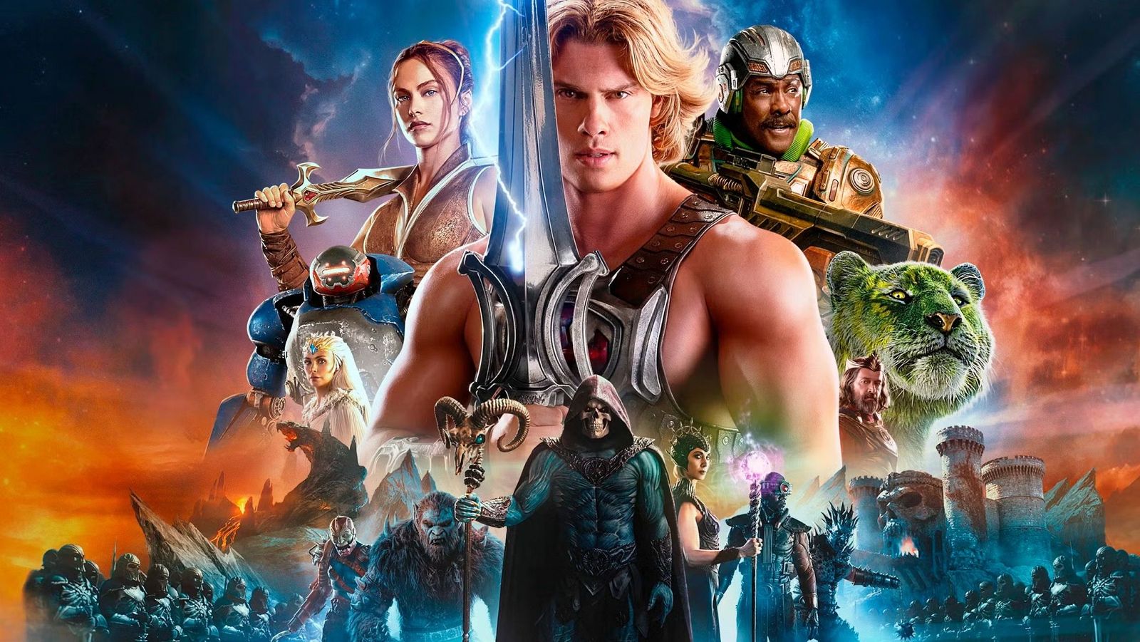 Póster de "He-Man y los Masters del Universo" con He-Man, Teela, Man-At-Arms, Skeletor, Beast Man y Evil-Lyn en un paisaje épico de bien contra mal.