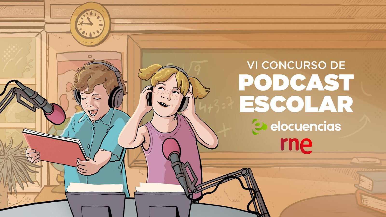 Ilustración de niños en el "VI Concurso de Podcast Escolar" con micrófonos, auriculares y un libro rojo. Fondo de aula con pizarra y reloj. Colaboran "elocuencias" y "rne".