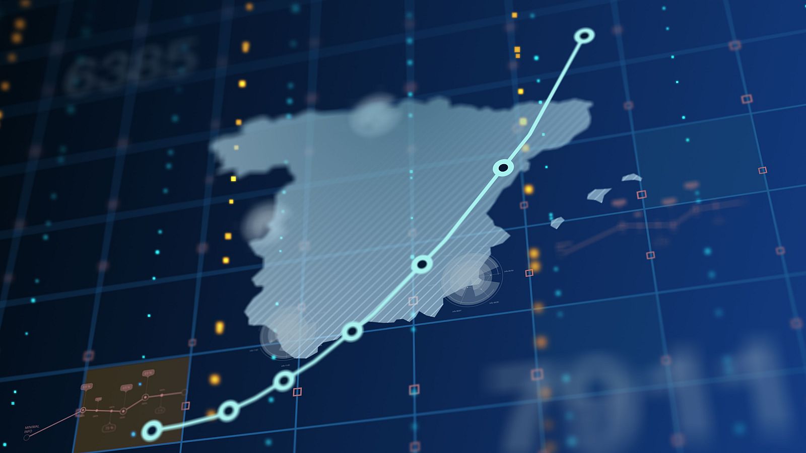 Representación abstracta del crecimiento económico de España con el mapa del país y un gráfico ascendente sobre un fondo azul con puntos luminosos.