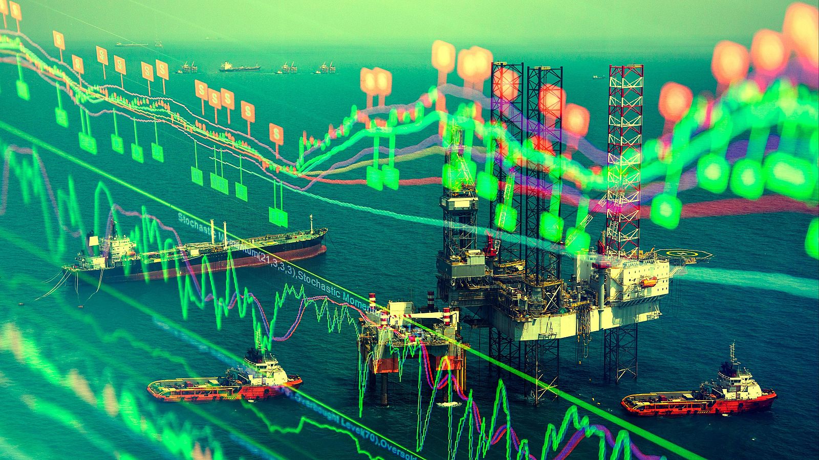 Plataformas petrolíferas y barcos en el mar se superponen con gráficos financieros, mostrando líneas de tendencia y patrones de mercado.