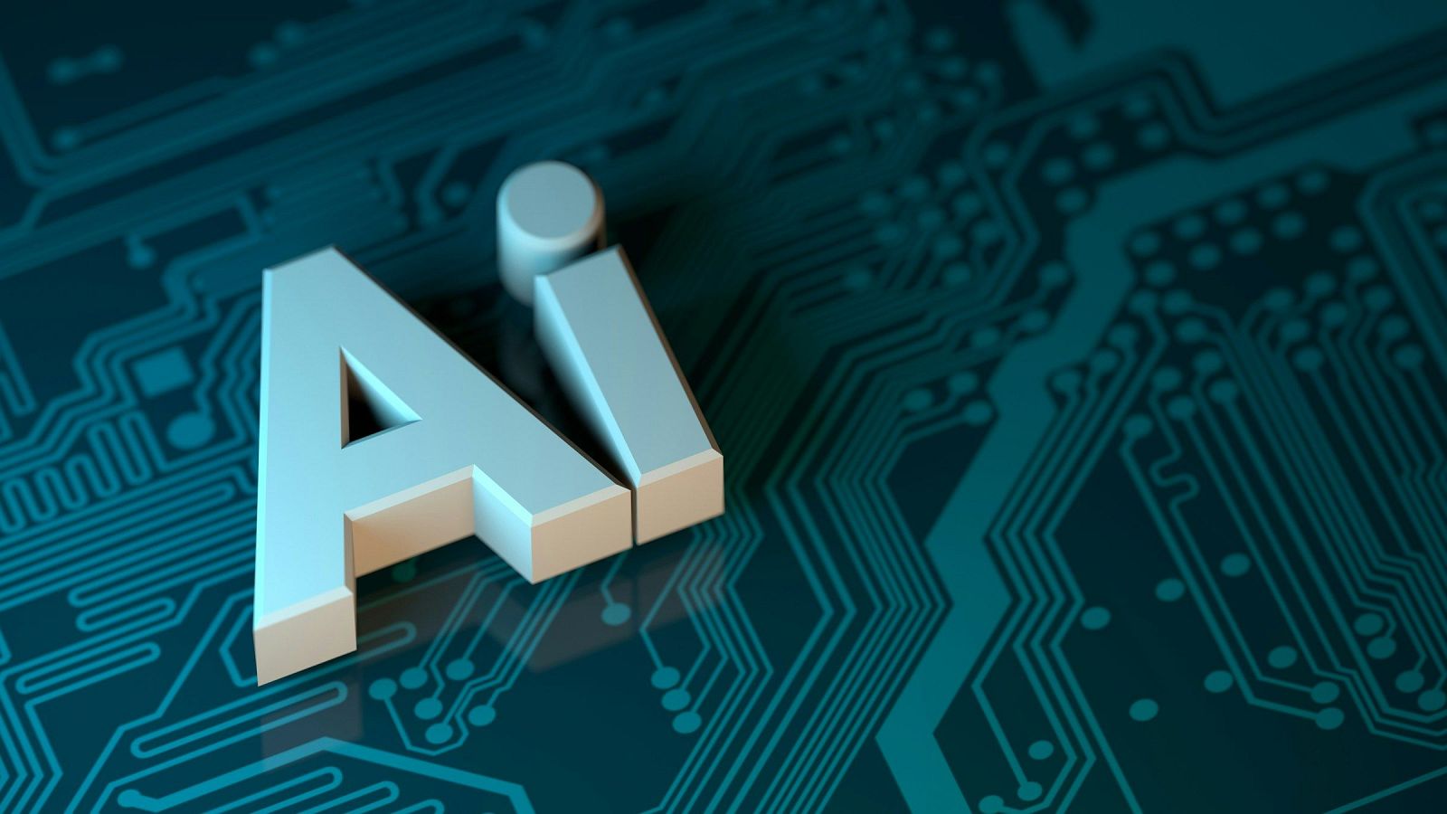 Letras "AI" tridimensionales y brillantes sobre un fondo de circuito electrónico turquesa y azul oscuro, representando el concepto de Inteligencia Artificial.