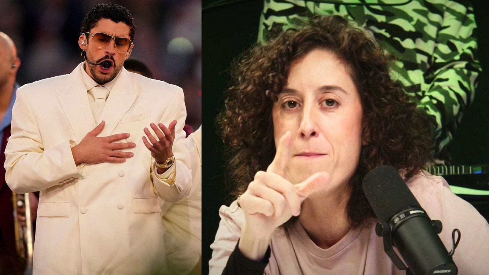 Díptico con Bad Bunny actuando y Laura del Val comentando su experiencia en su concierto. Laura del Val, comunicadora de radio, aparece con un micrófono Shure en un estudio con fondo de camuflaje.