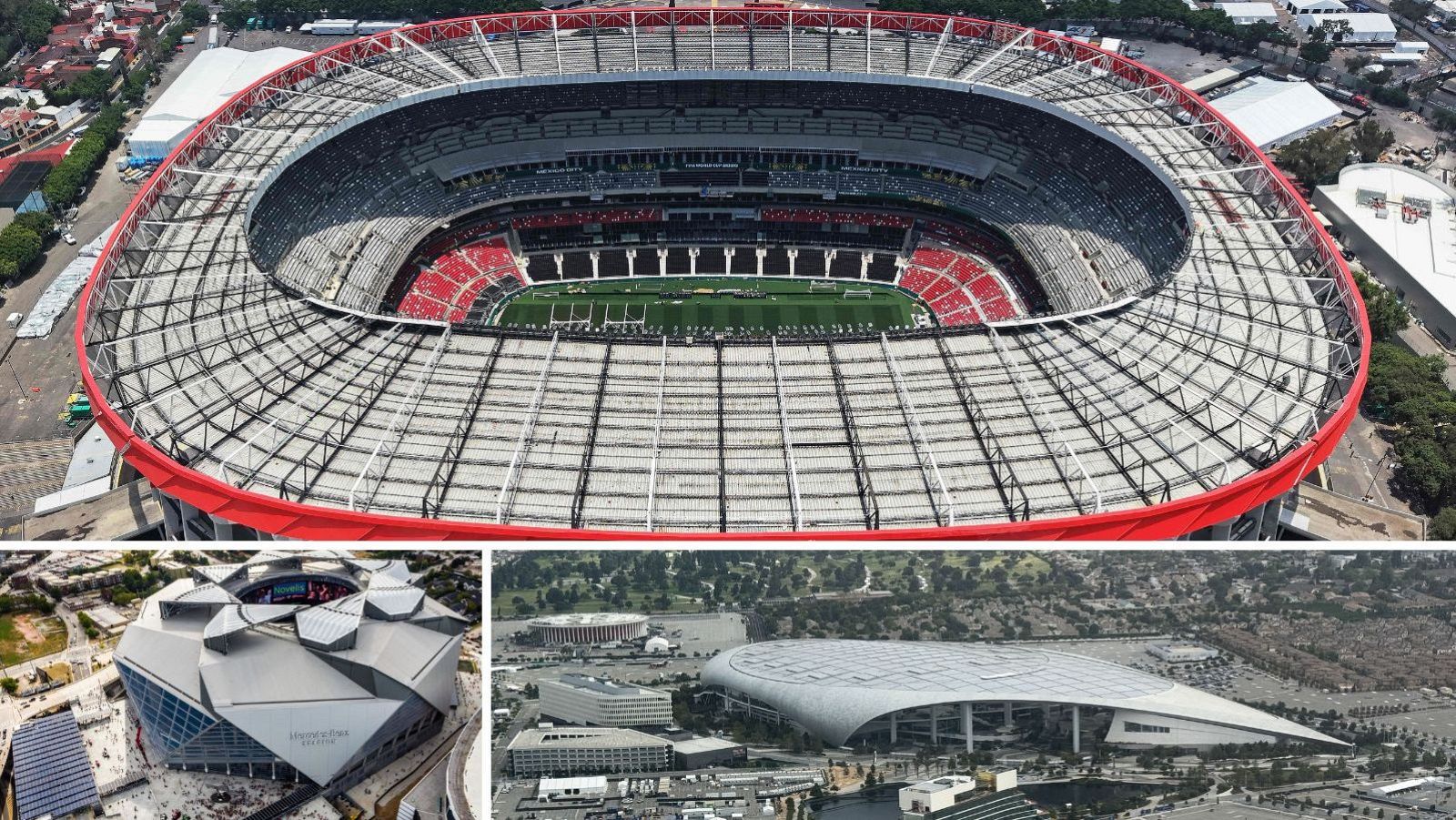 Collage aéreo de tres estadios del Mundial 2026: el Estadio Azteca, el Mercedes-Benz Stadium de Atlanta y el Estadio de Los Ángeles, destacando sus diseños únicos.