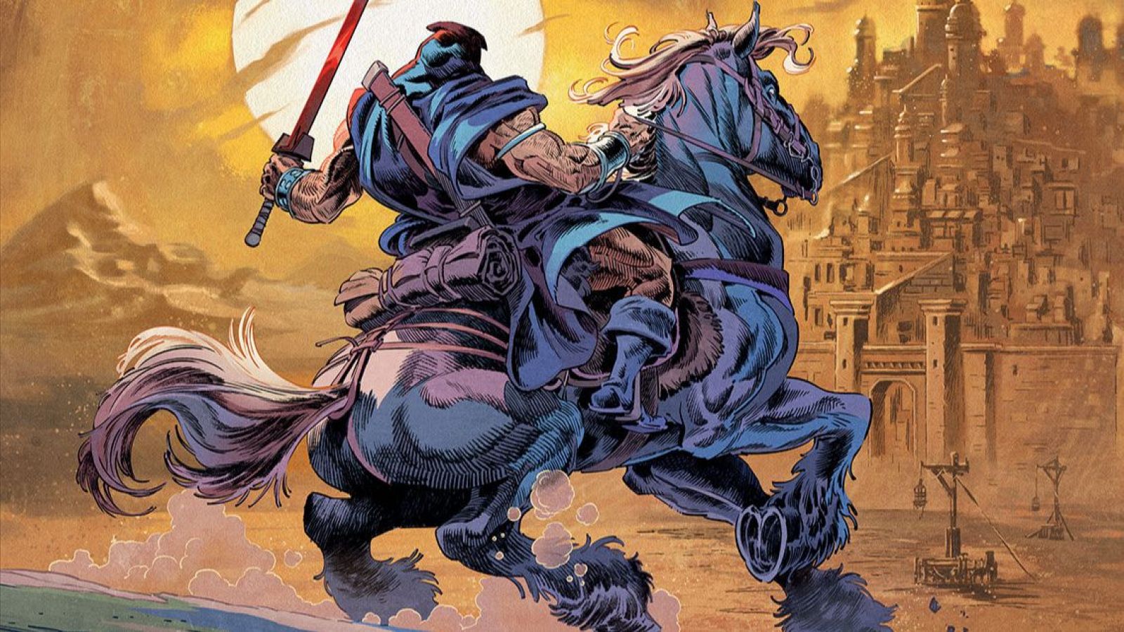 Guerrero con capa azul/morada y espada roja galopa hacia ciudad amurallada bajo sol cálido. Portada cómic español 'La bestia del norte. La ciudad de las mentiras'.