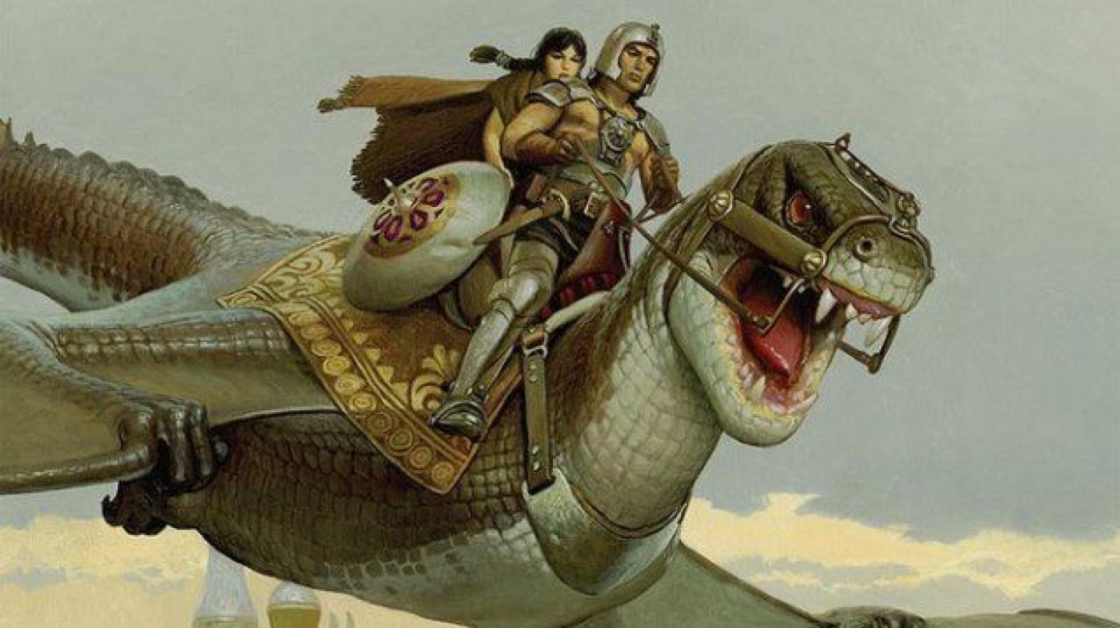 Hombre con armadura y mujer en túnica montan un reptil alado con escamas verde grisáceo y ojos rojos sobre un cielo despejado. Detalle de la portada de 'El Mercenario'.
