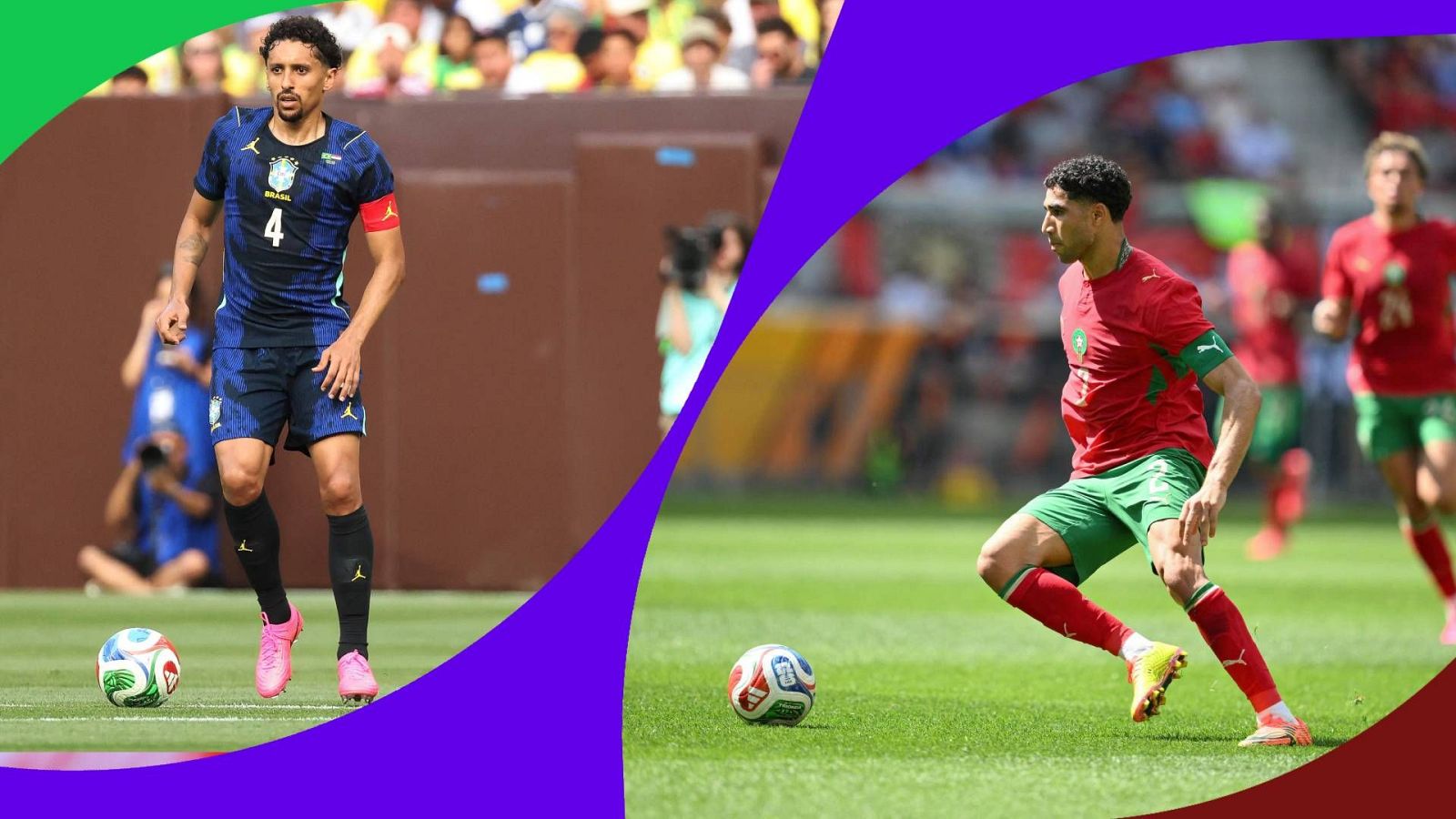 Marquinhos con el dorsal 4 de Brasil y Achraf Hakimi con equipación roja y verde, posan en un campo de césped con balones a sus pies.