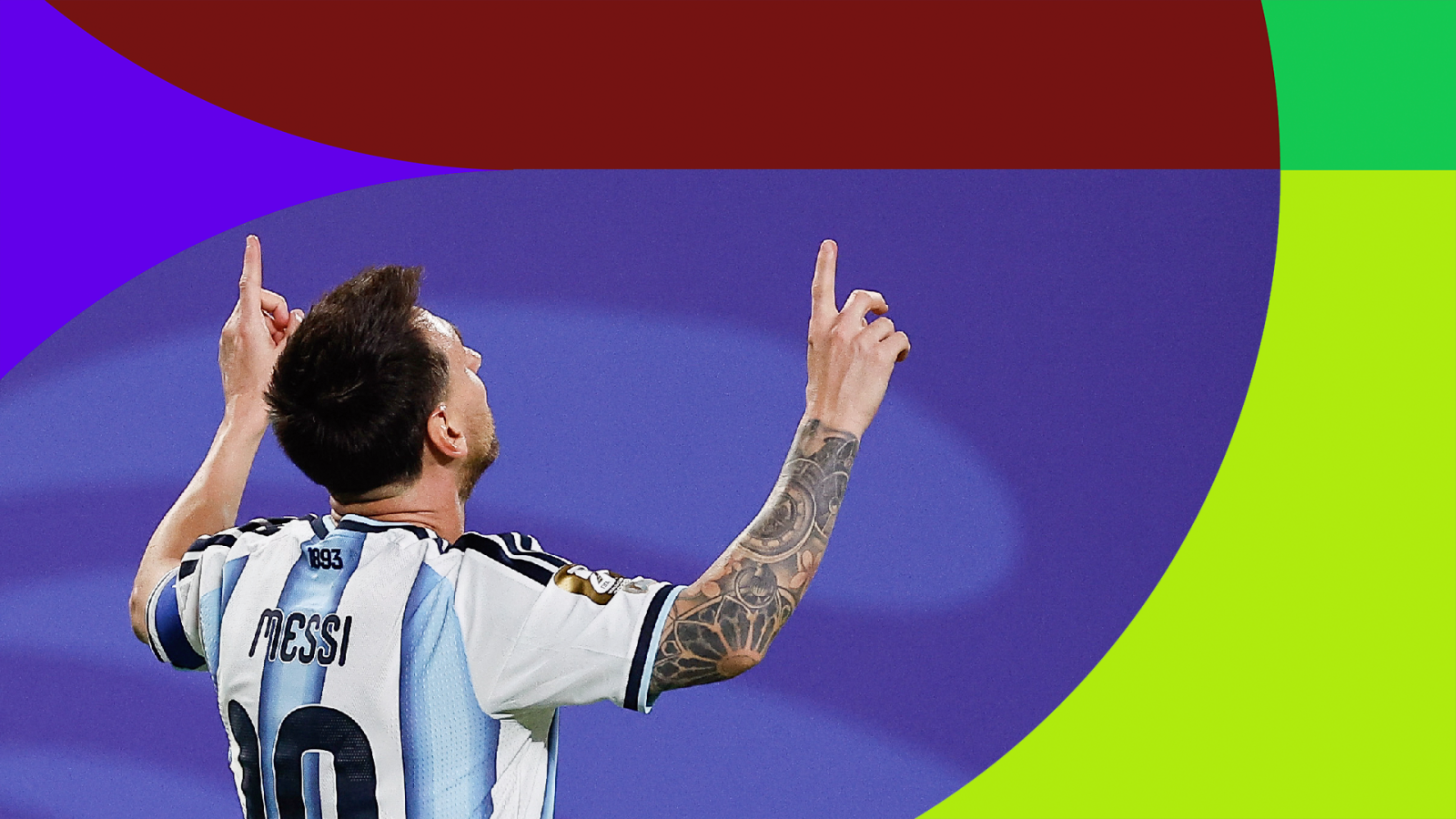 Lionel Messi celebra un gol con los brazos en alto, luciendo la camiseta argentina con el número 10 y su apellido. Fondo abstracto de formas geométricas.