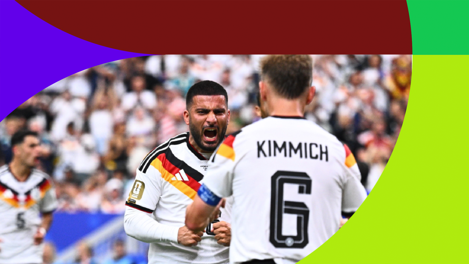 Emre Can y Joshua Kimmich de Alemania celebran un gol. Emre Can grita con puños cerrados, Kimmich se gira hacia él. Fondo de estadio con público.