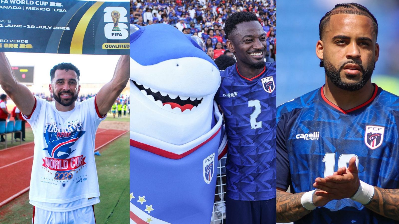 Tríptico de la selección de fútbol de Cabo Verde celebrando su clasificación para la Copa Mundial de la FIFA 2026, con Roberto "Pico" Lopes, Stopira con la mascota, y Dailon Livramento.