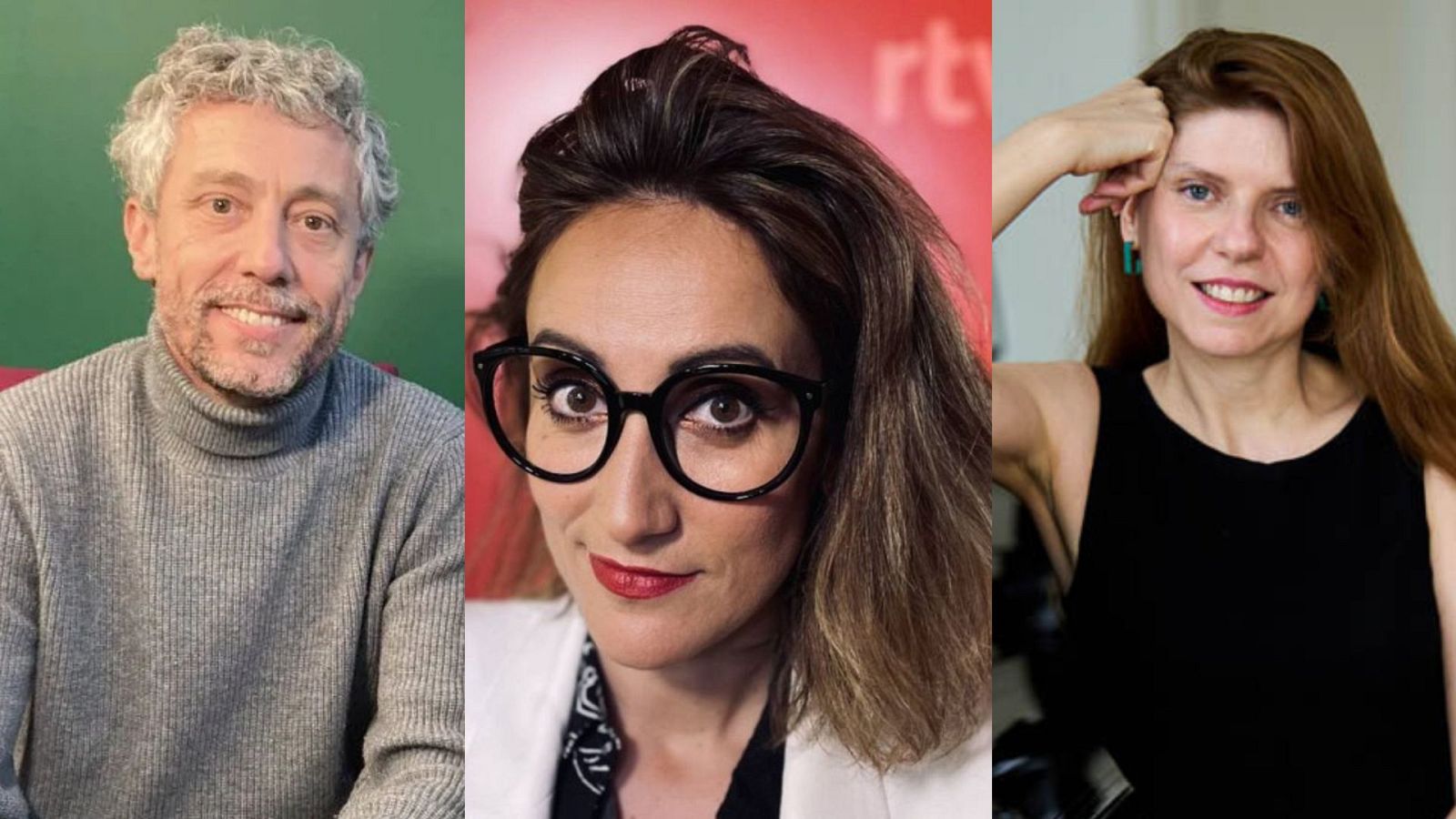 Retratos de David Trías, Ana Morgade (con logo "rt" al fondo) y Miriam Reyes, participantes en un especial de radio.