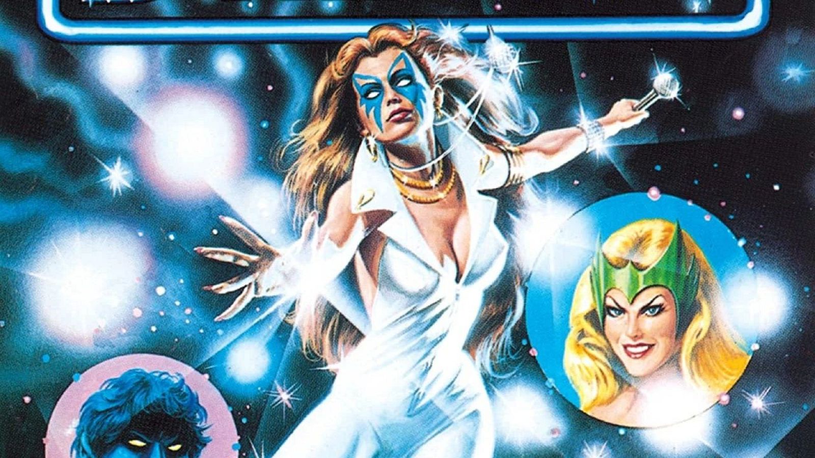 Dazzler, con cabello rubio cobrizo y traje blanco, emite luz de sus manos y micrófono. A su lado, Nightcrawler (piel azul) y Enchantress (tocado verde alado) aparecen en círculos. Fondo cósmico.