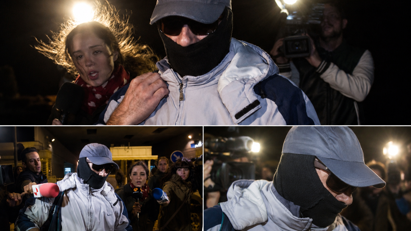 Hombre con balaclava y gafas de sol, rodeado de reporteros y cámaras en un evento nocturno de alta expectación mediática.