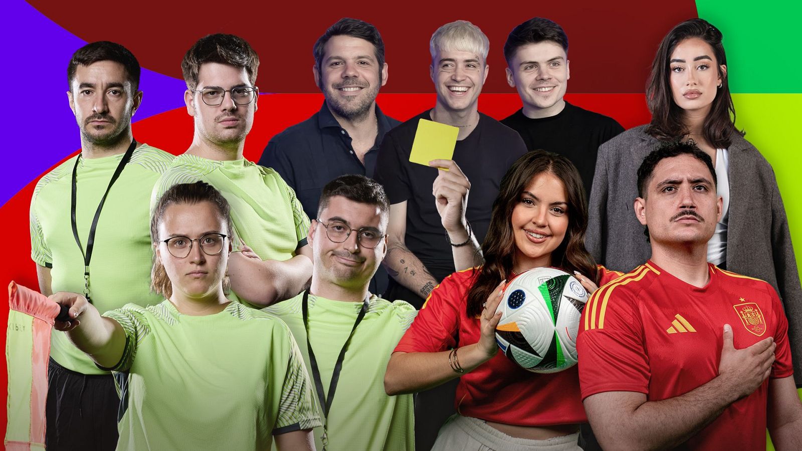 Diez personas, incluyendo a Mayichi, Papi Gavi, Cristinini, Ibai Llanos, Spursito, Alex Puértolas, Miguel Ángel Román, Gerard Romero, DjMaRiiO y Noe Mellado, posan en dos filas con un fondo abstracto y vibrante.