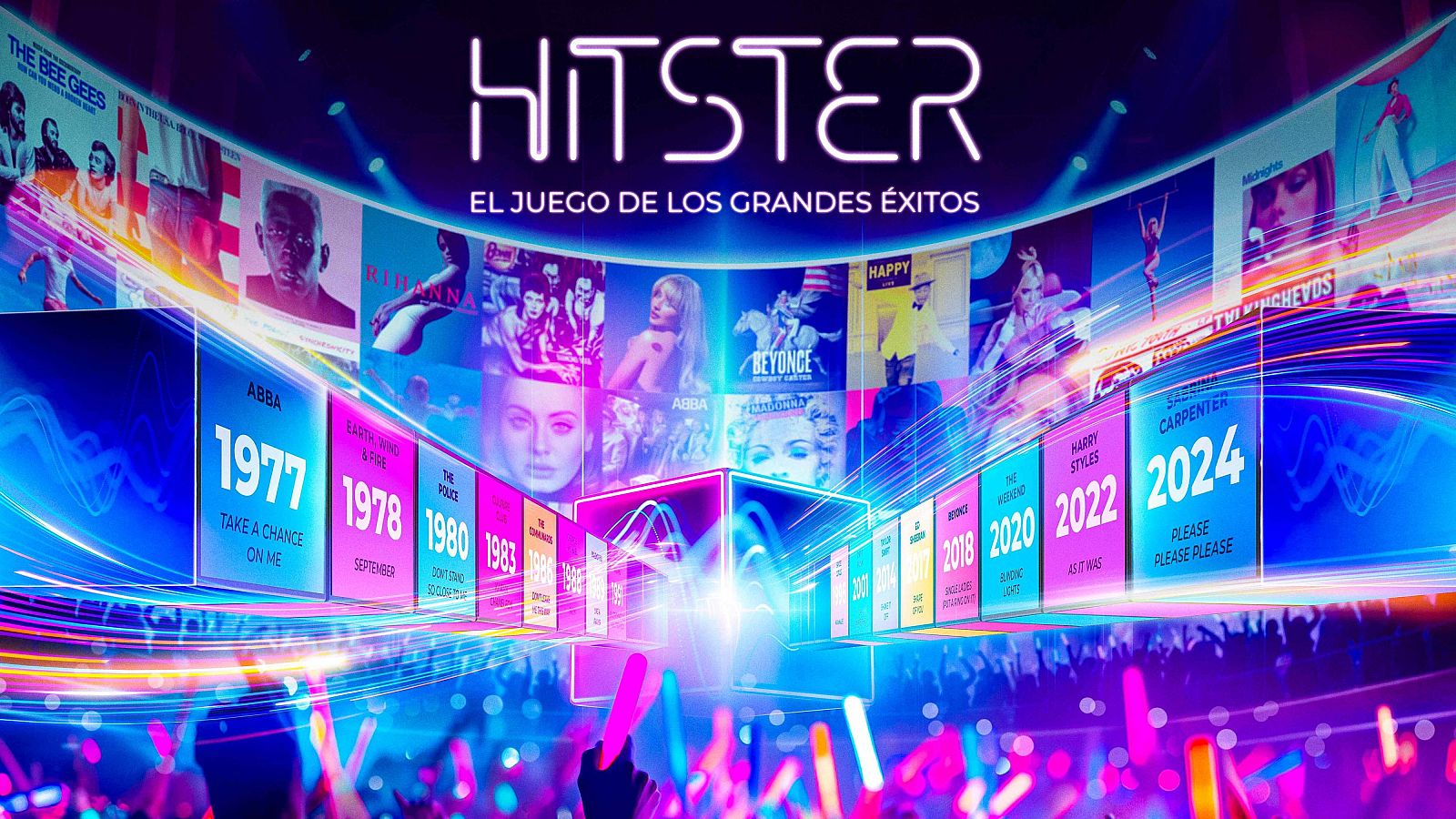 Imagen promocional de "Hitster: El juego de los grandes éxitos" con colores neón, línea de tiempo musical y público animado.