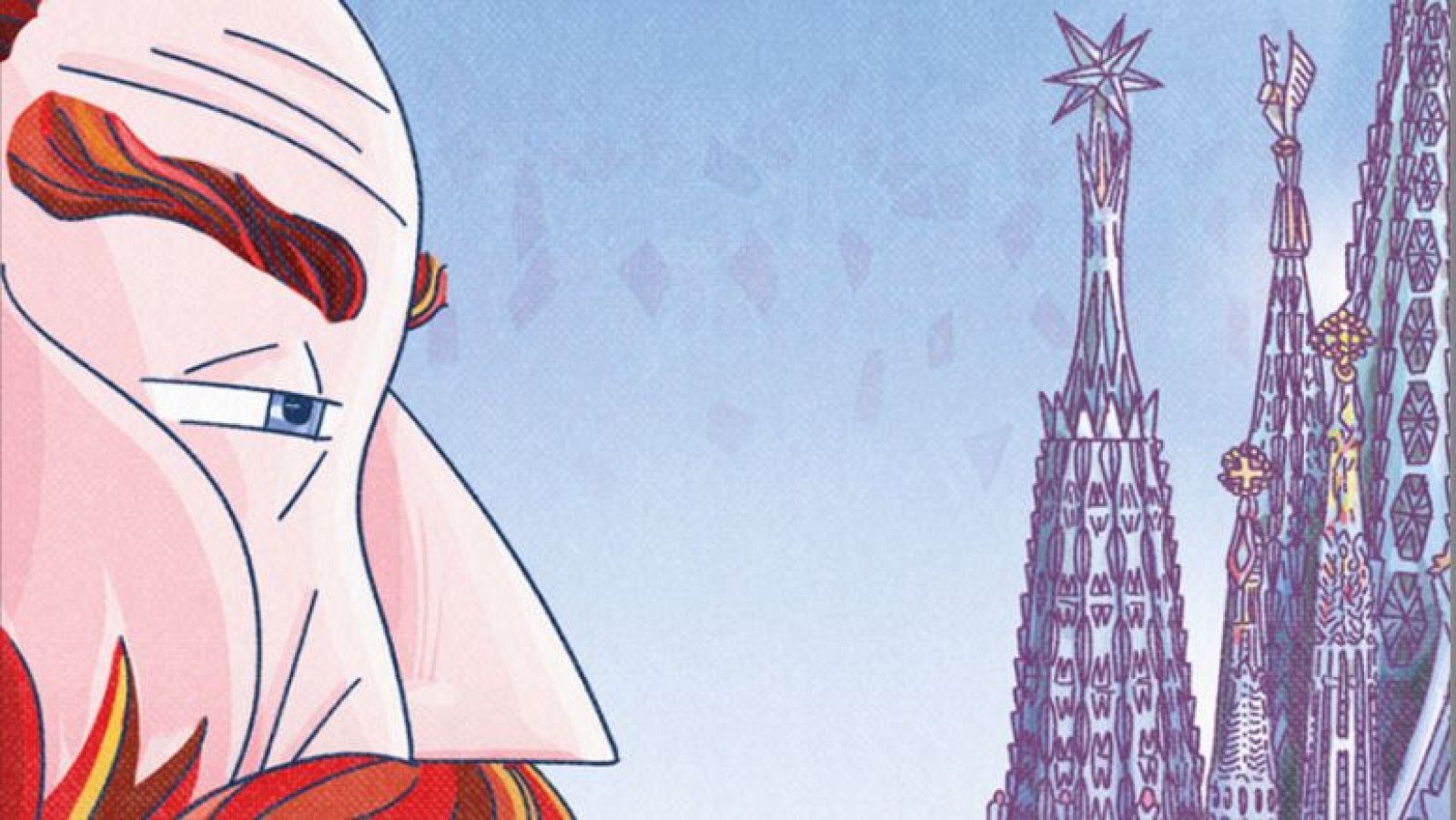 Ilustración de Antoni Gaudí mirando hacia las torres de la Sagrada Familia, con detalles arquitectónicos y su característico cabello rojizo.