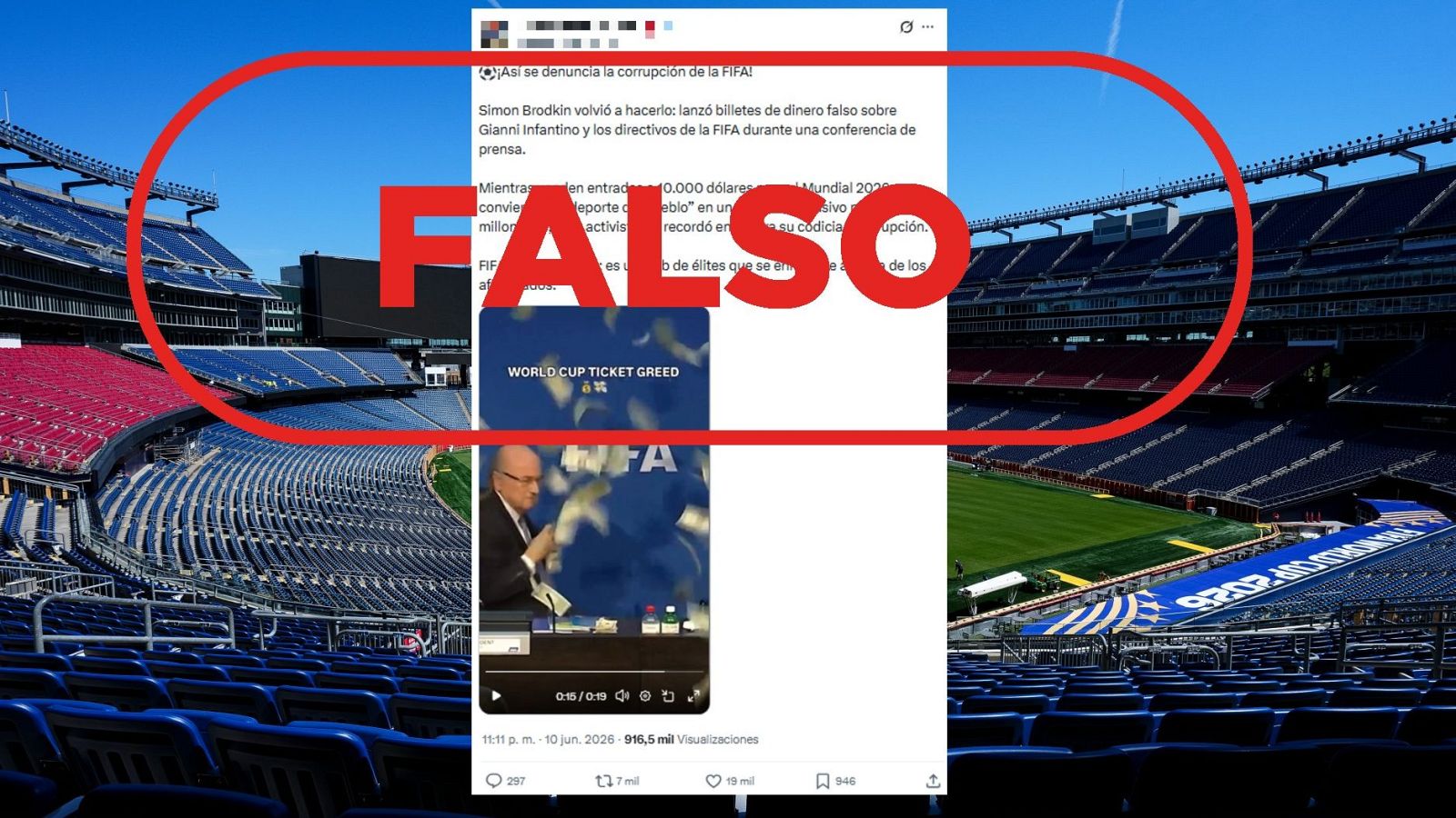 Este vídeo es de 2015 y la persona a la que le lanzan billetes no es el presidente de la FIFA Gianni Infantino, es Blatter