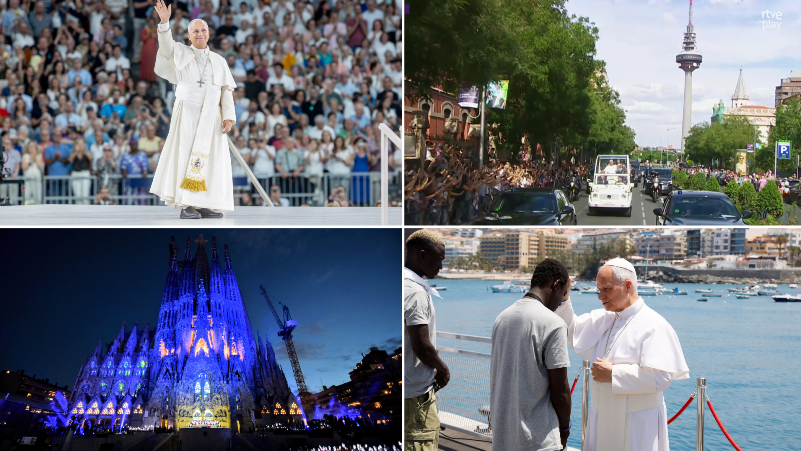Collage de la visita del Papa Francisco a España: saludo a multitudes, Papamóvil en Madrid, Sagrada Familia de noche y momento íntimo en la costa.