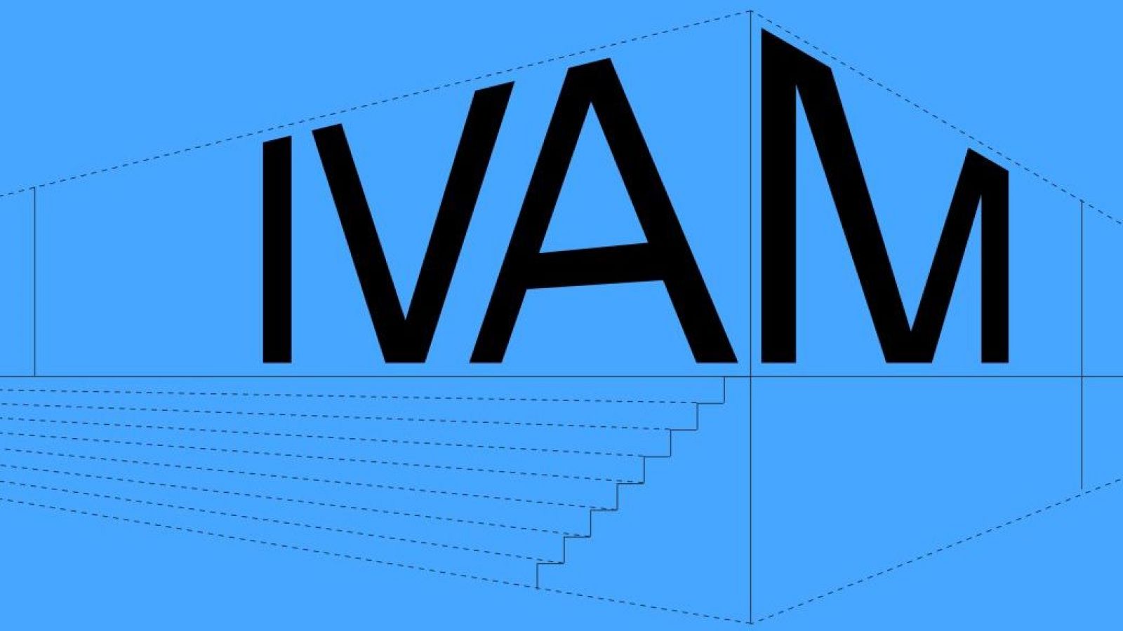 Diseño moderno con letras "IVAM" en 3D isométrico y estructura de líneas discontinuas sobre fondo azul vibrante.