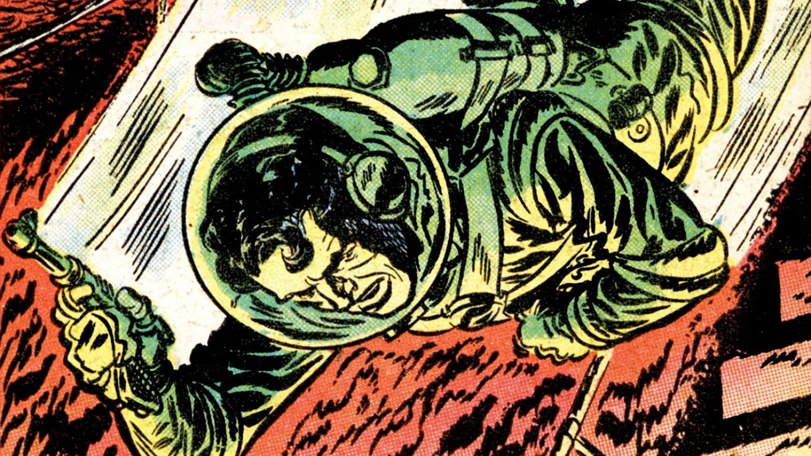 Ilustración de cómic vintage de un hombre con traje espacial verde y pistola futurista, en medio de un fondo abstracto de llamas y líneas de energía.