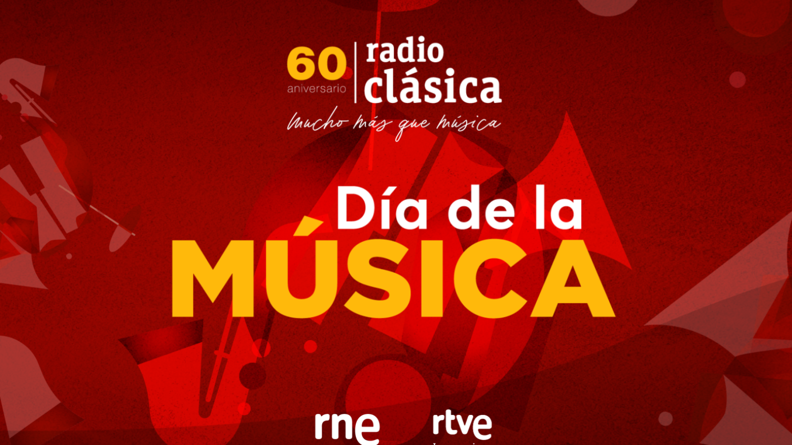 Gráfico del Día de la Música por el 60 aniversario de Radio Clásica, con "Día de la MÚSICA" en amarillo y "60 aniversario" en naranja sobre fondo rojo.