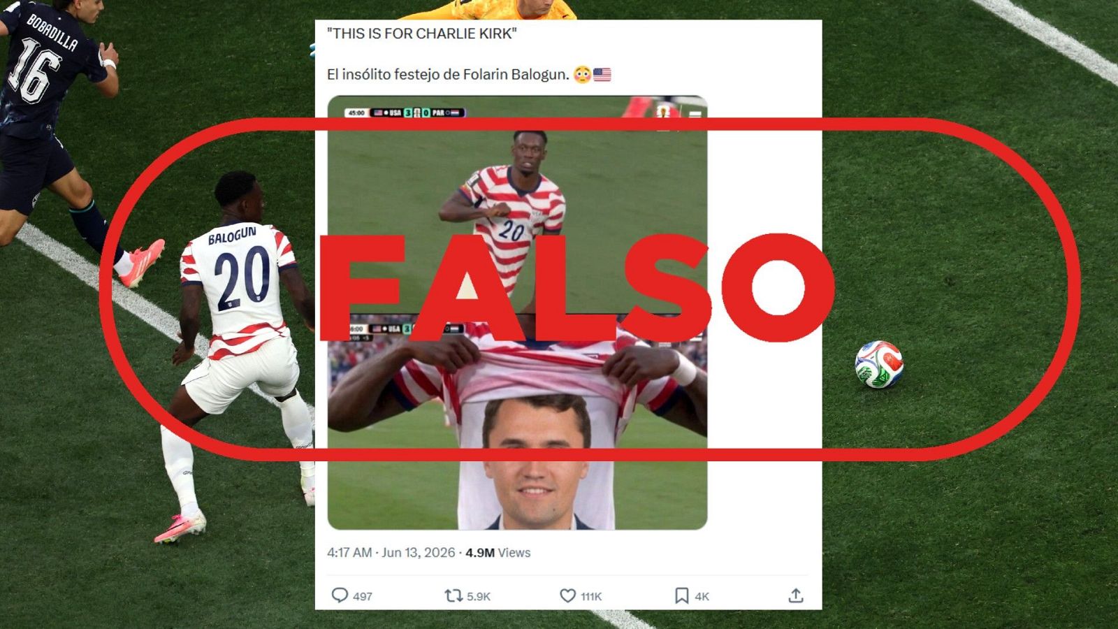 Balogun no celebró su segundo gol contra Paraguay en el Mundial 2026 con una camiseta con la cara de Charlie Kirk