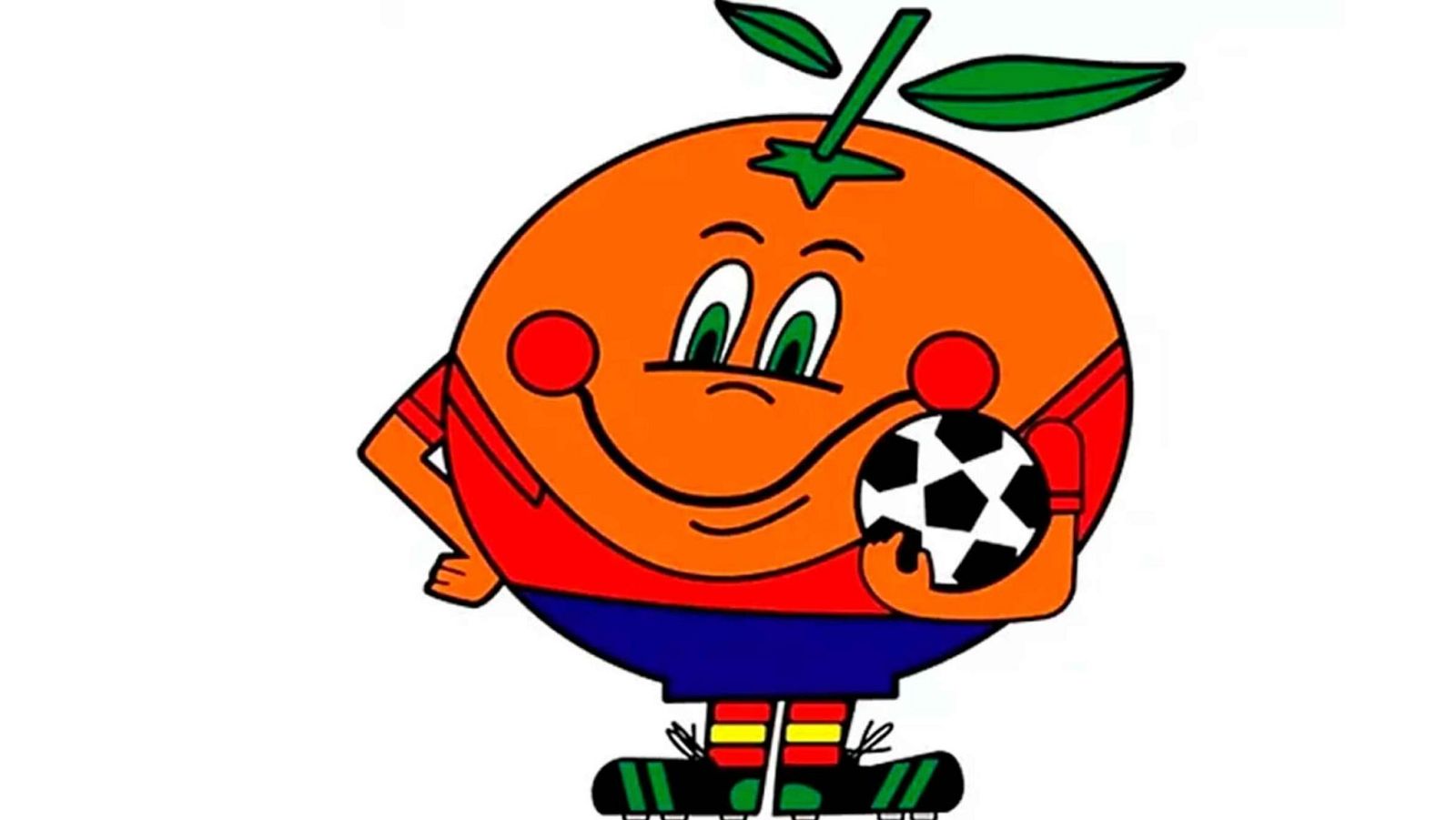 Ilustración de Naranjito, la naranja mascota del Mundial España 82, con camiseta roja, pantalón azul y balón de fútbol.
