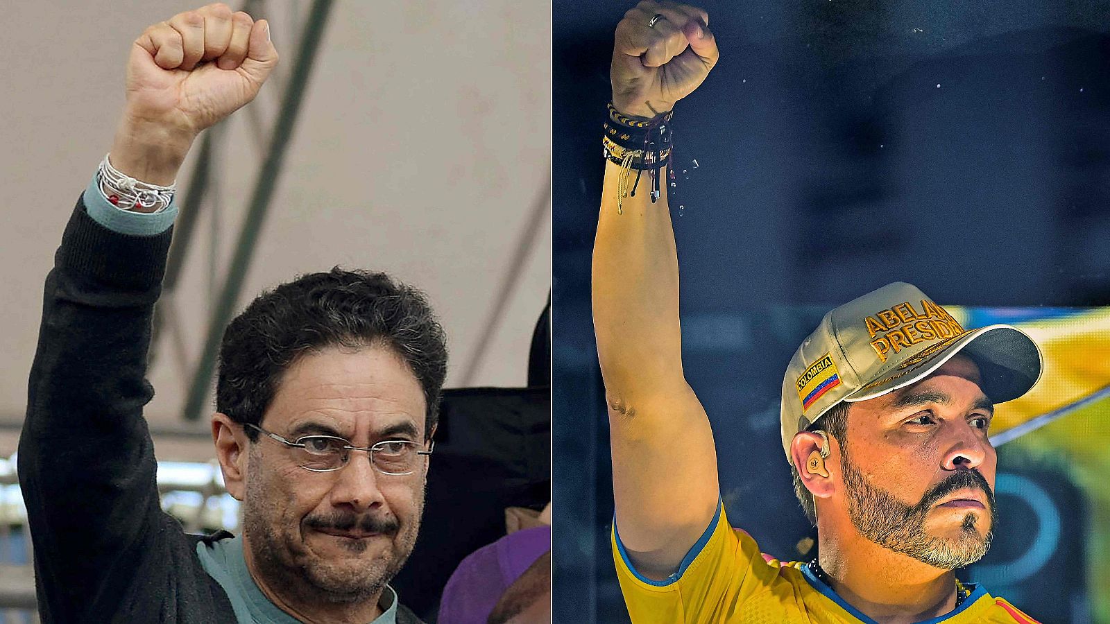Díptico de Cepeda y De la Espriella con puño cerrado. Cepeda con suéter oscuro y gafas; De la Espriella con camiseta amarilla y gorra "ABELA PRESIDE".
