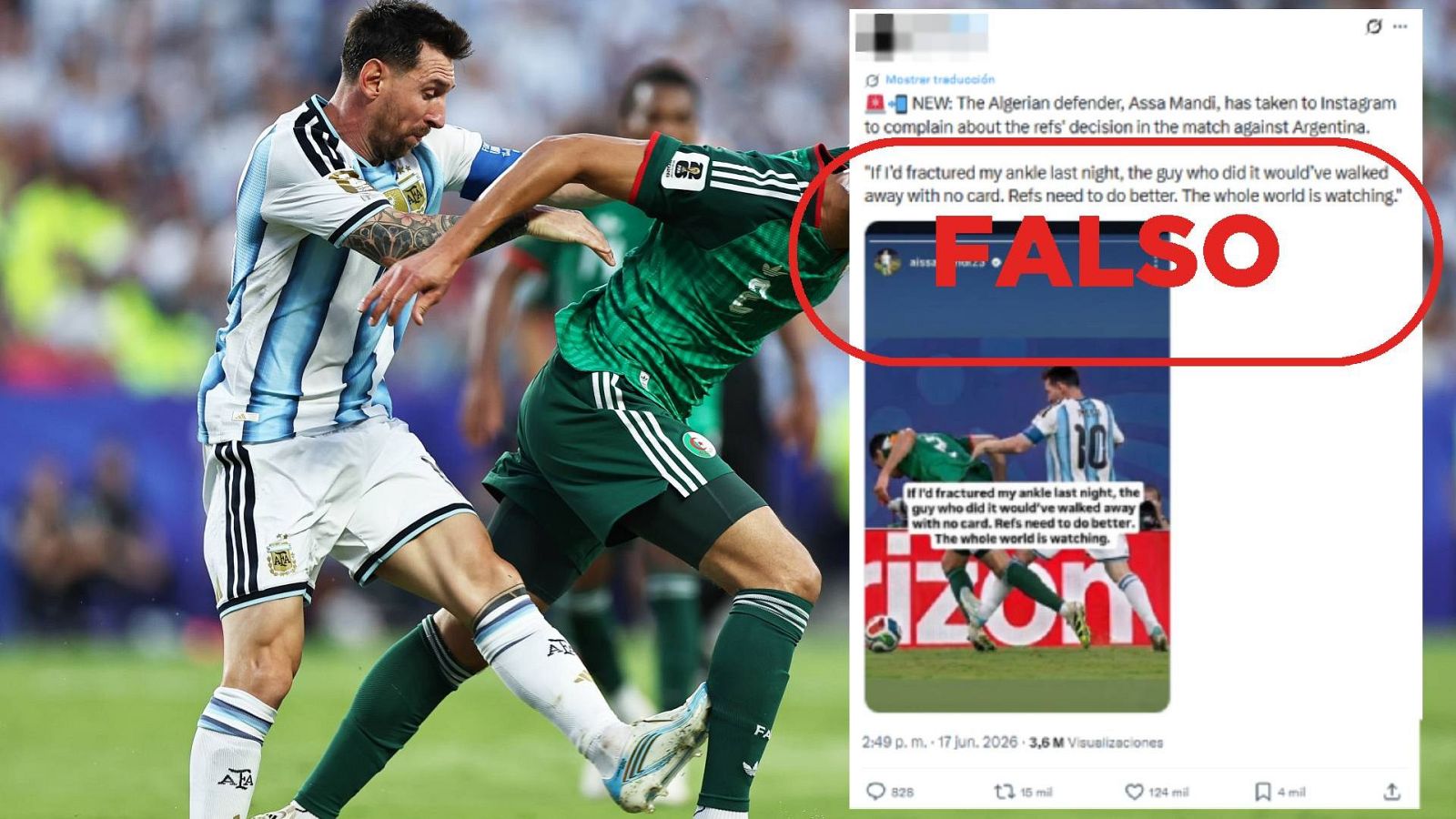 Aissa Mandi no se ha quejado en Instagram de que no expulsaran a Messi en el Argentina-Argelia