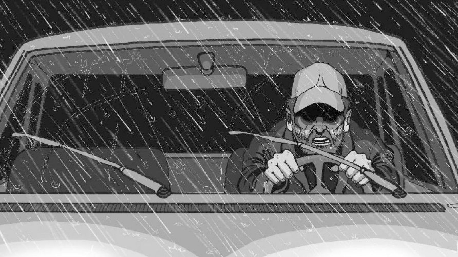 Hombre con gorra y gafas de sol conduce tenso bajo lluvia torrencial, con el parabrisas cubierto de líneas de agua.