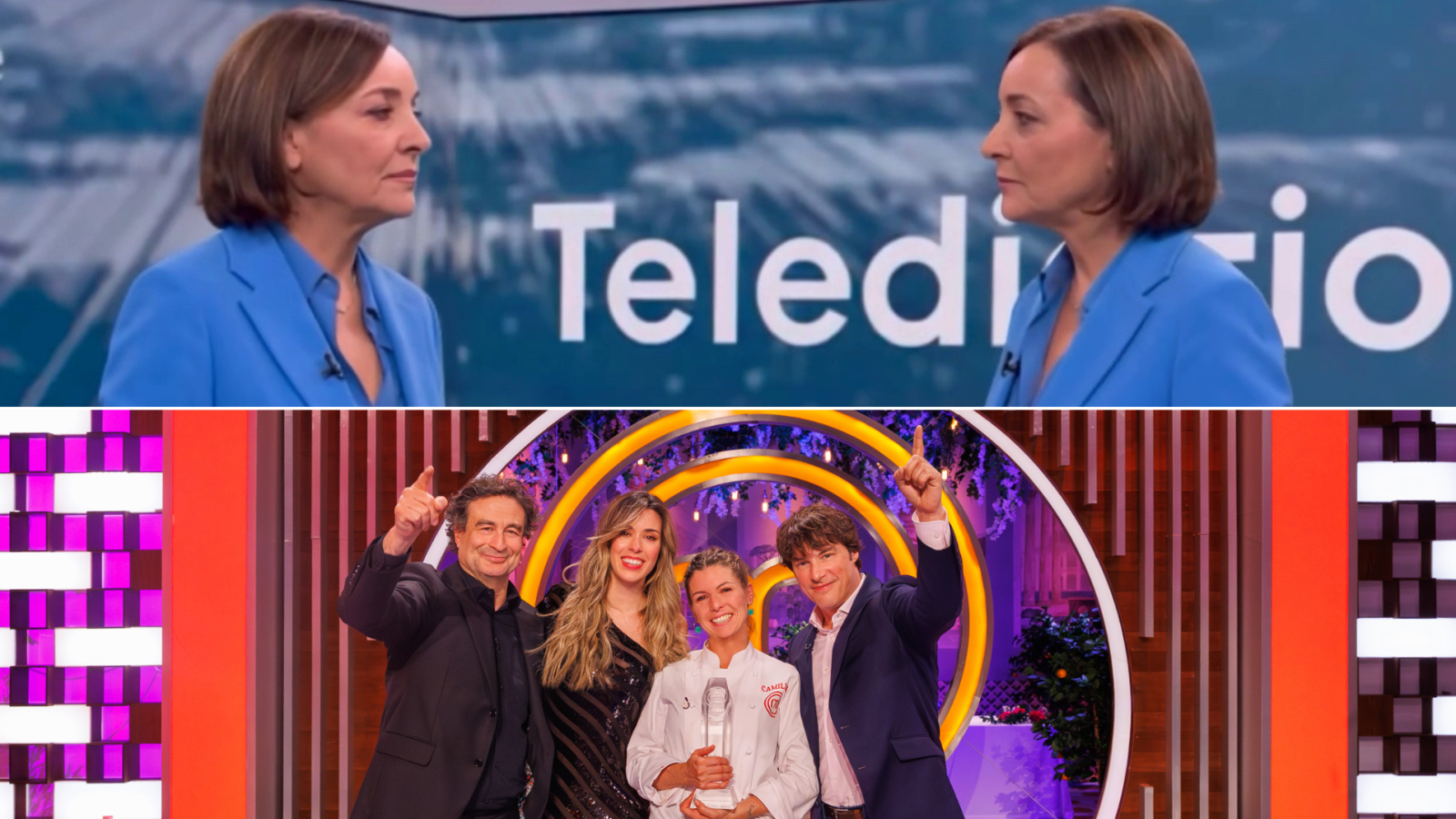 Composición de "Telediario" con Almudena Ariza y la final de "MasterChef 14" con Pepe Rodríguez, Samantha Vallejo-Nágera y Jordi Cruz.