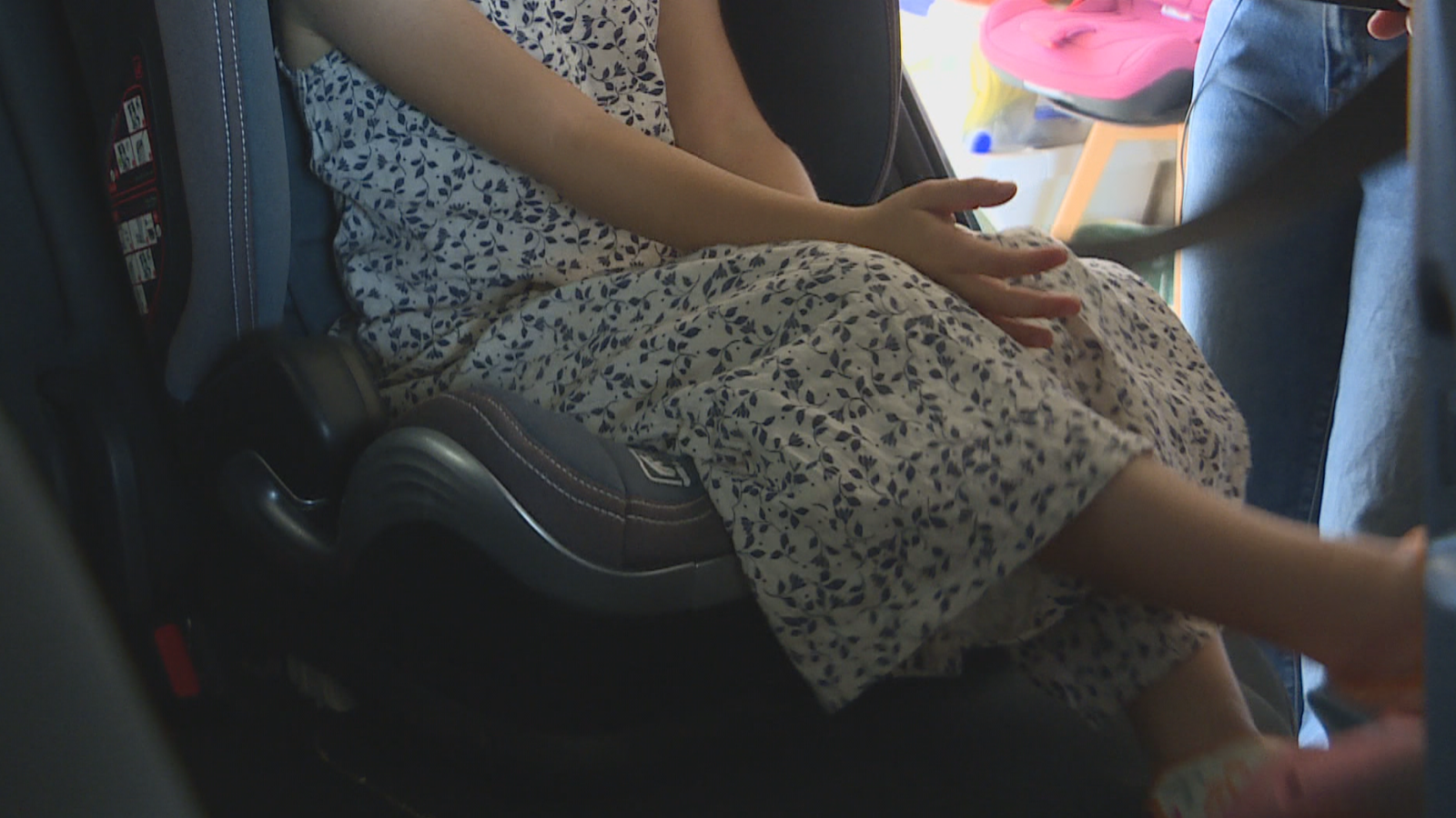 Niña en asiento de seguridad infantil en coche, con pierna de adulto y cinturón de seguridad visibles. Fondo interior desenfocado.