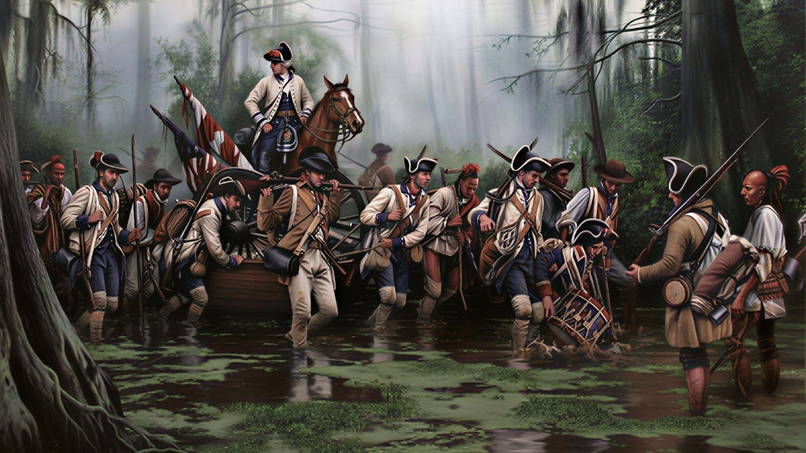Bernardo de Gálvez a caballo lidera una expedición militar a través de un pantano brumoso, acompañado por soldados españoles y aliados indígenas. Avanzan en aguas turbias con mosquetes y una canoa con pertrechos.
