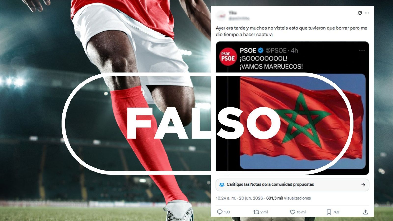 Este mensaje del PSOE en X celebrando un gol de Marruecos es falso