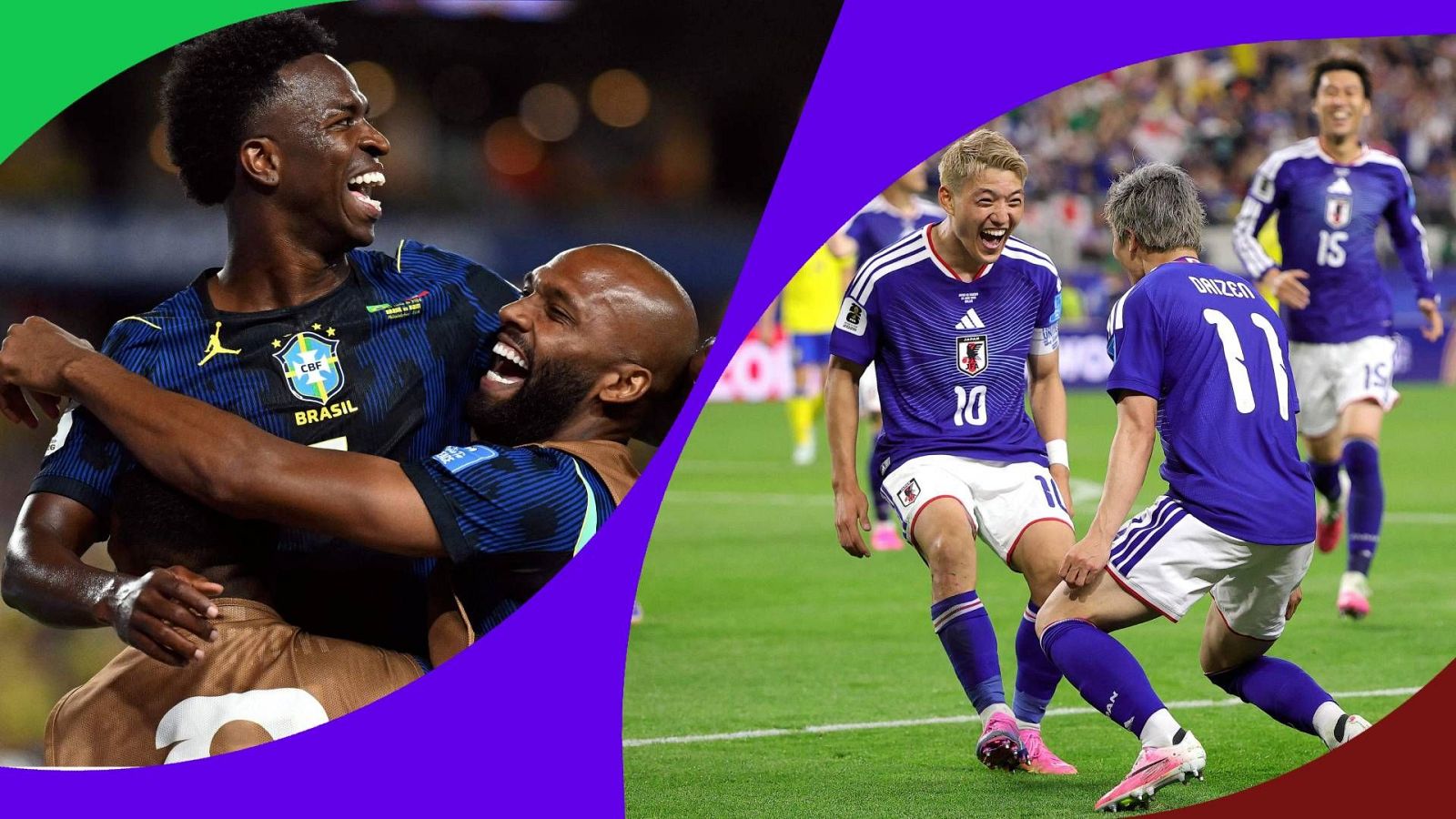 Dos escenas de celebración de goles en un Mundial: jugadores brasileños sonrientes y jugadores japoneses, como Minamino (10) y Maeda (11), con botas rosas, festejan eufóricos.