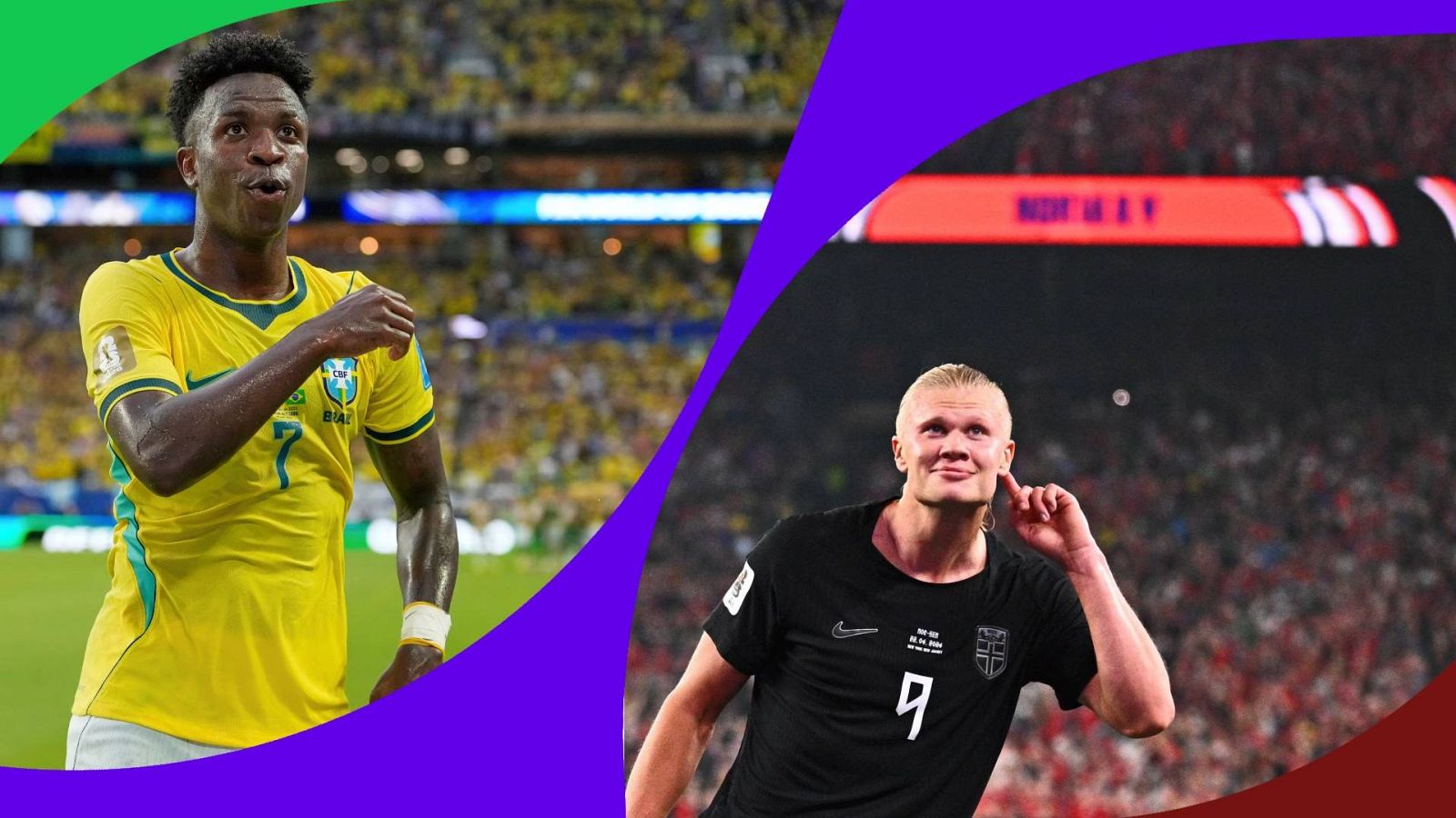 Vinicius Jr. de Brasil y Erling Haaland de Noruega celebran goles en un estadio, anticipando el Mundial de 2026. Ambos futbolistas muestran expresiones y gestos distintivos en medio de la afición.