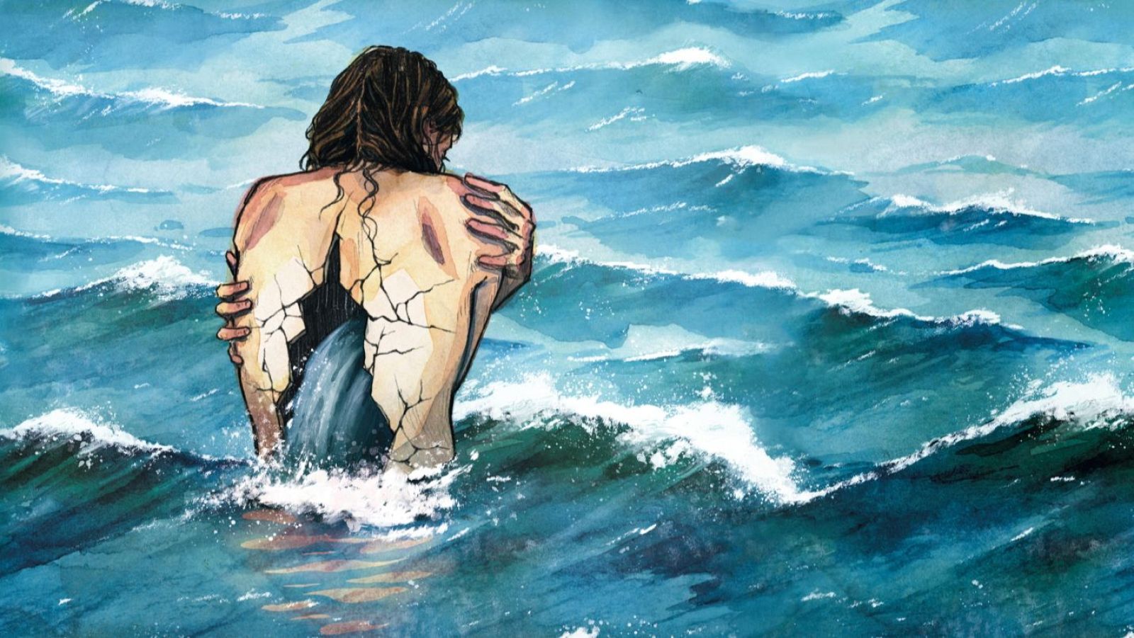 Figura humana con espalda agrietada, revelando una aleta marina, en un mar azul y verde con olas.