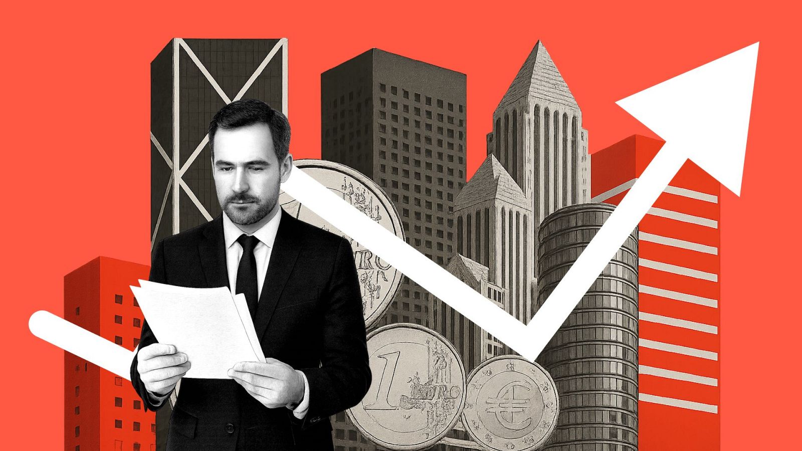 Hombre revisa documentos ante rascacielos y monedas de Euro, con una flecha ascendente simbolizando tendencia económica positiva.