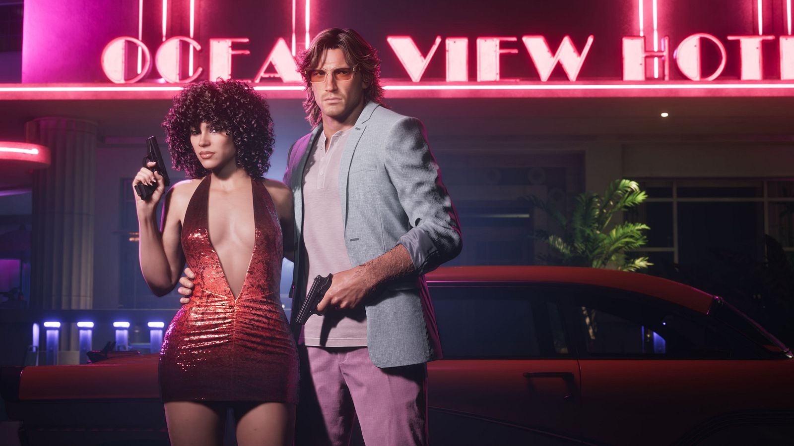 Hombre y mujer con pistolas posan frente al "OCEAN VIEW HOTEL" bajo luces de neón, en una escena promocional de GTA VI con estética retro de los 80.
