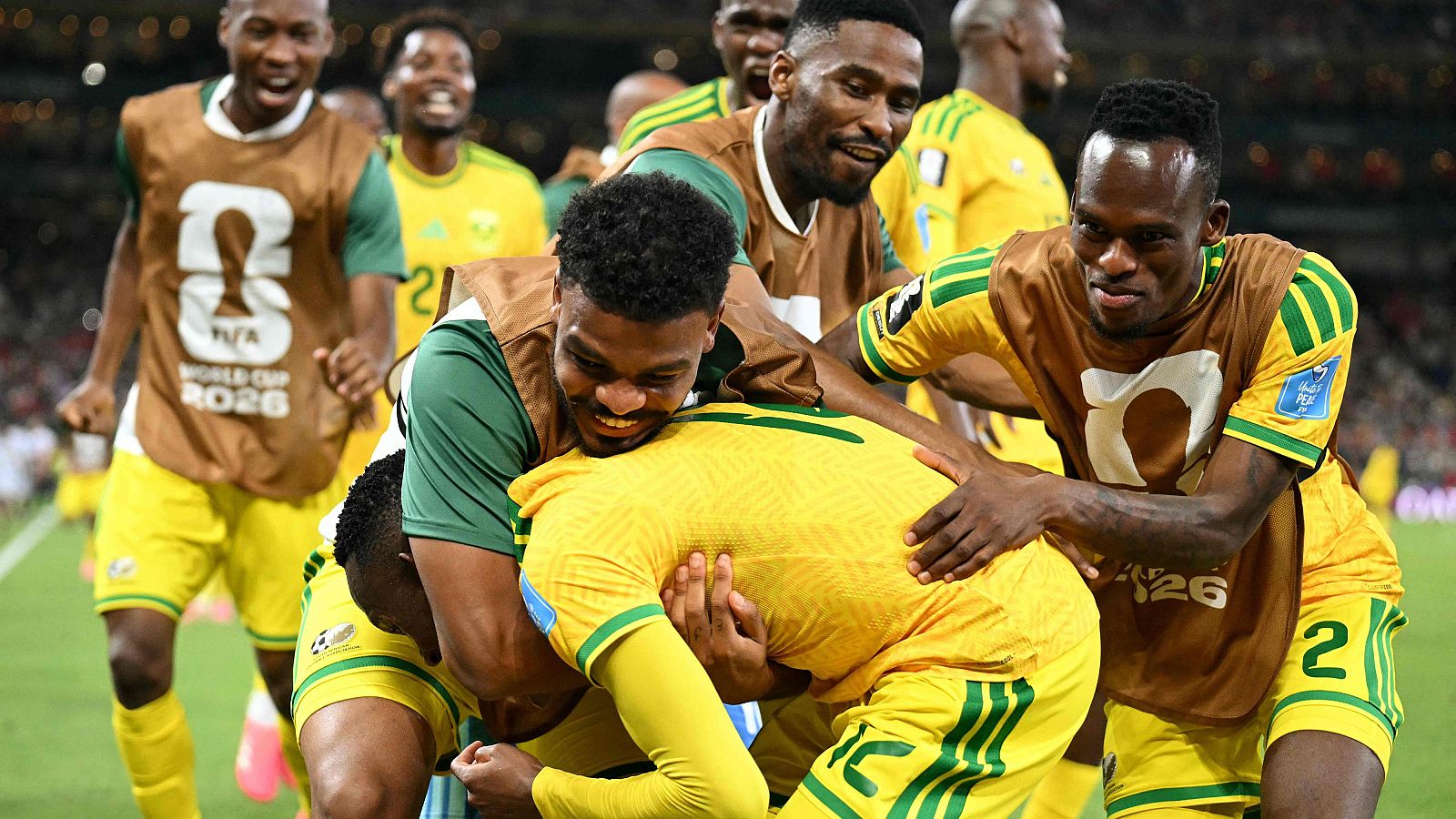 Los jugadores de Sudáfruca celebrando el gol de Maseko en el Sudáfrica - Corea del Sur del Mundial 2026