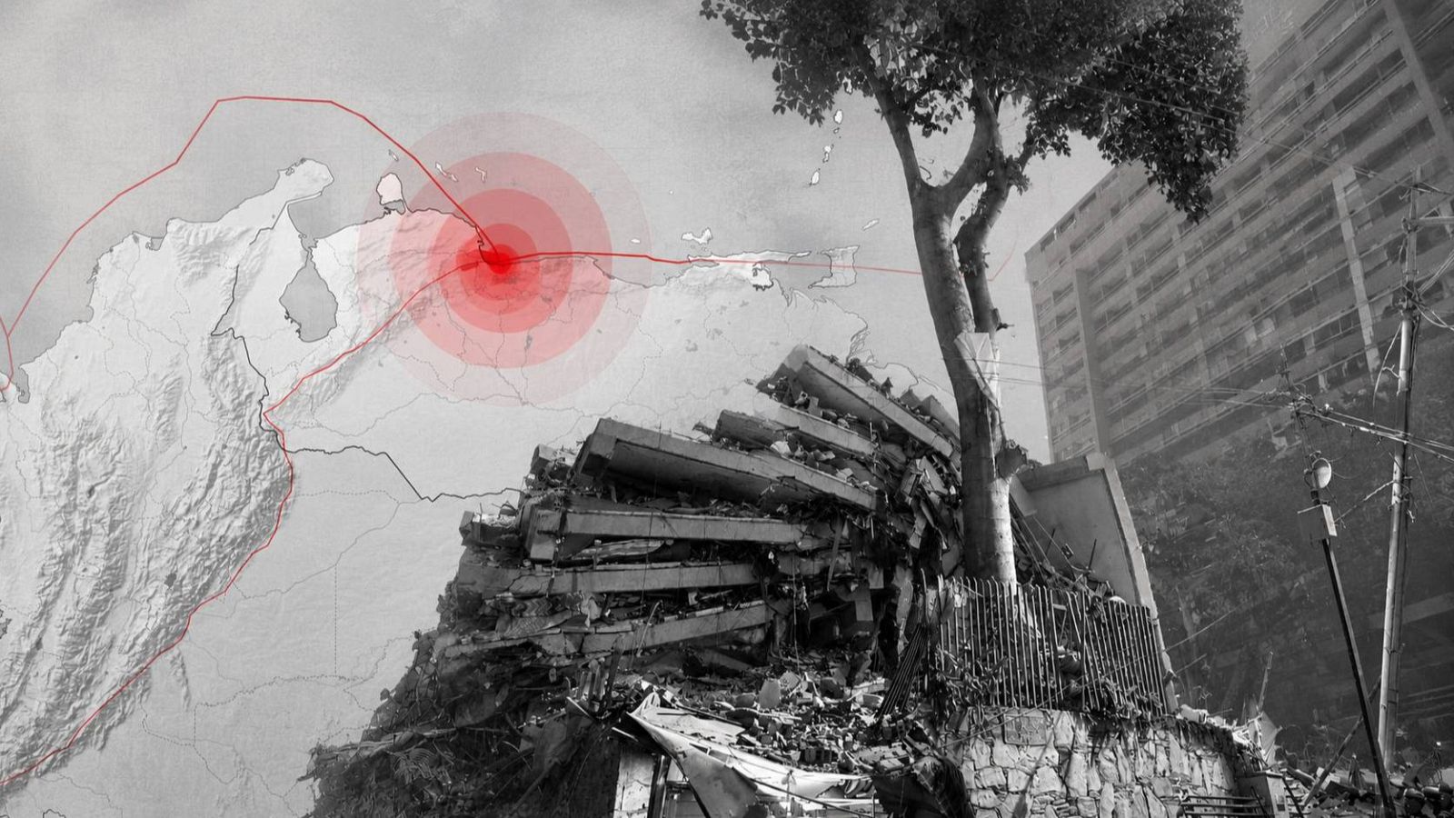 Mapa del terremoto de Venezuela y edificio derruido