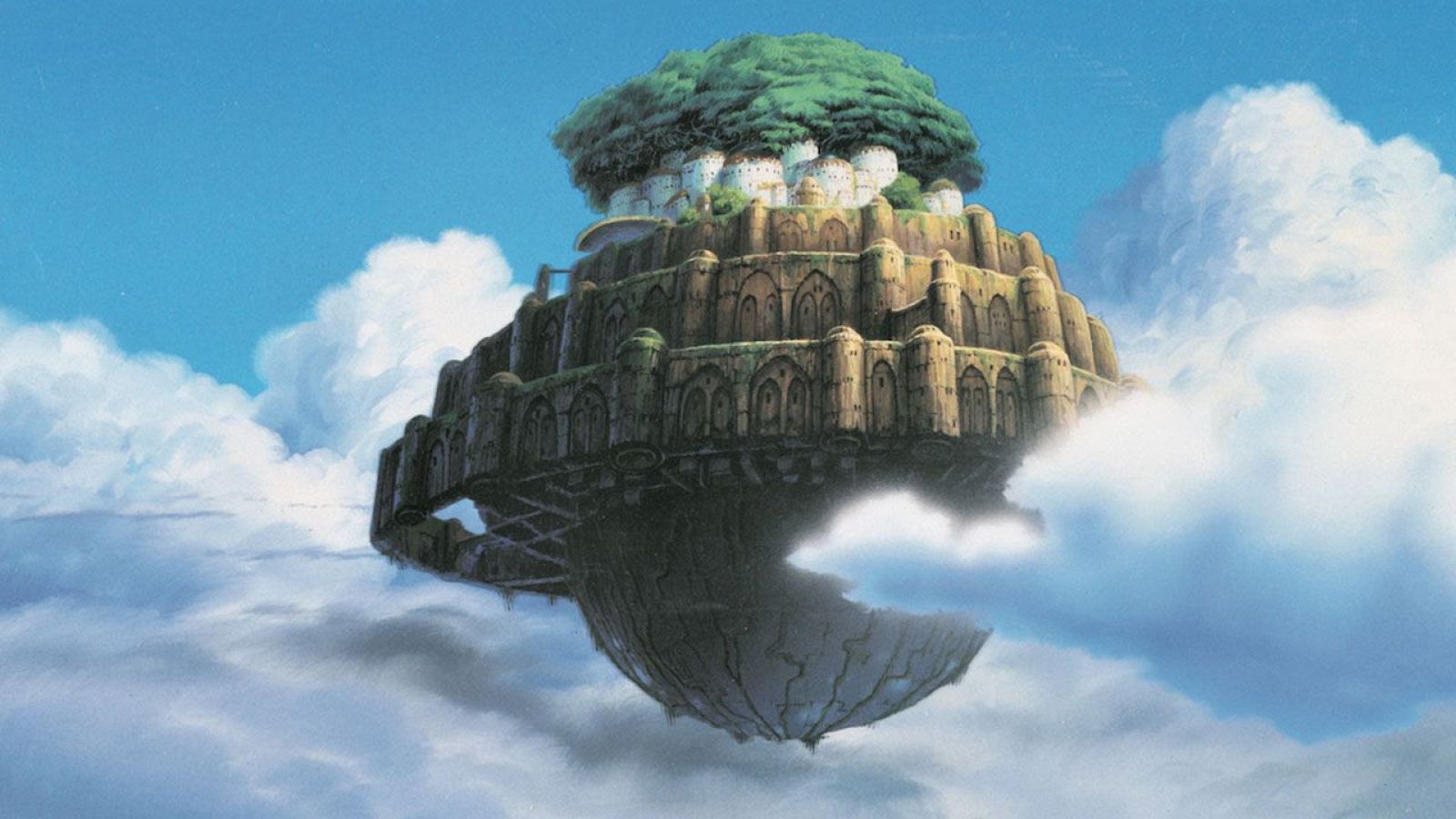 Ciudad flotante con vegetación, arquitectura de castillo y base mecánica, suspendida en un cielo azul entre nubes.