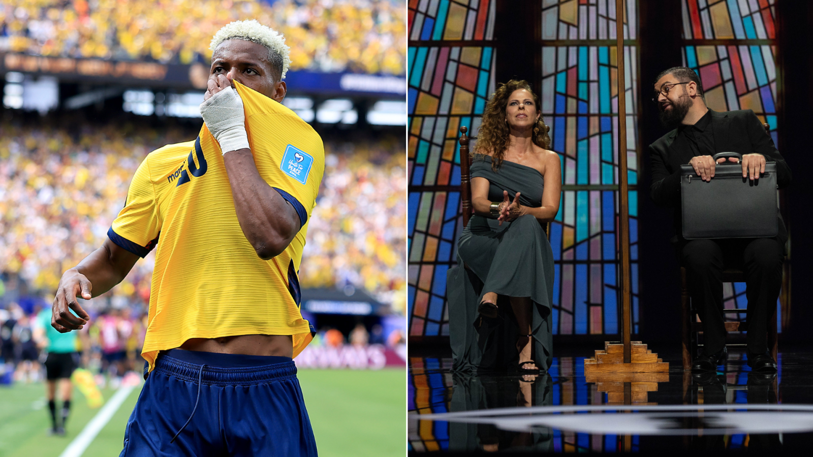 Díptico con un futbolista en acción y Manu Sánchez junto a una mujer en un escenario con fondo de vidriera.