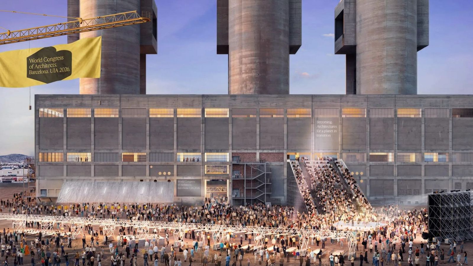 Las Tres Chimeneas de Barcelona acogen un evento de arquitectura con un banner del "World Congress of Architects Barcelona UIA 2026" y un lema sobre diseño.