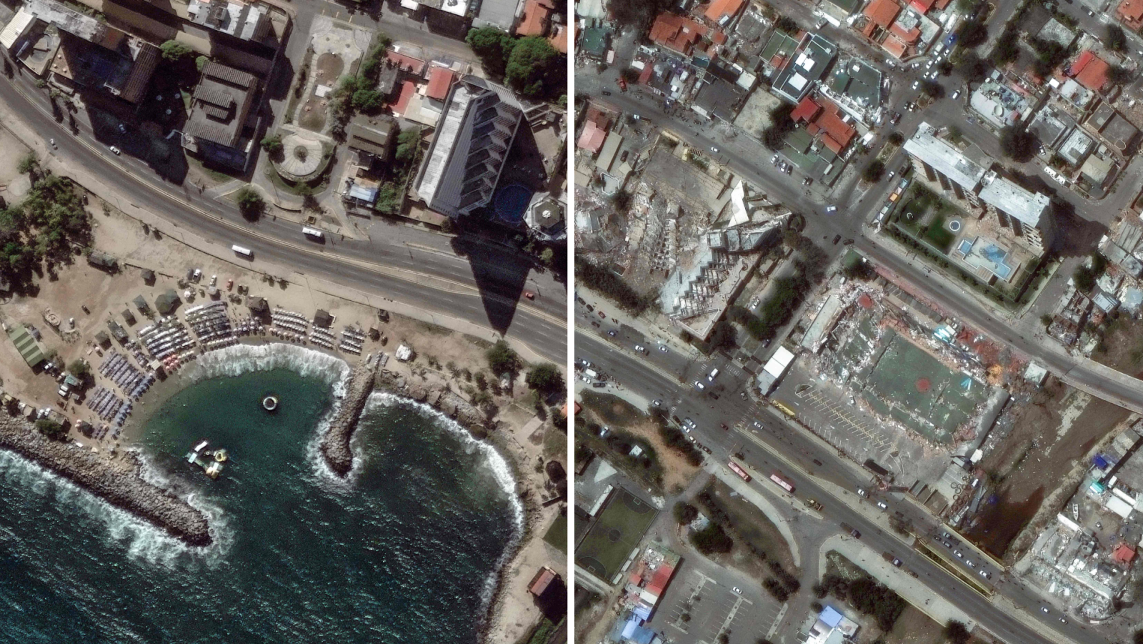 Vista aérea dividida: antes y después de un terremoto en una zona costera venezolana. Se observa la destrucción de edificios y la devastación del paisaje urbano.