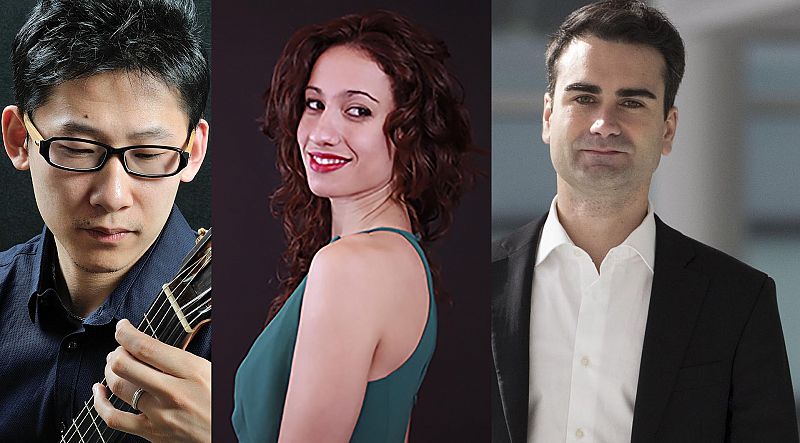 El guitarrista Xianji Liu, la soprano Marta Estal y el director Jon Malaxetxebarría 