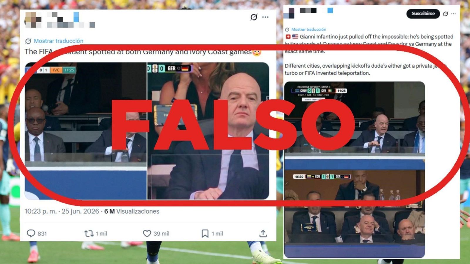 Imágenes manipuladas para presentar a Infantino viendo dos partidos a la vez