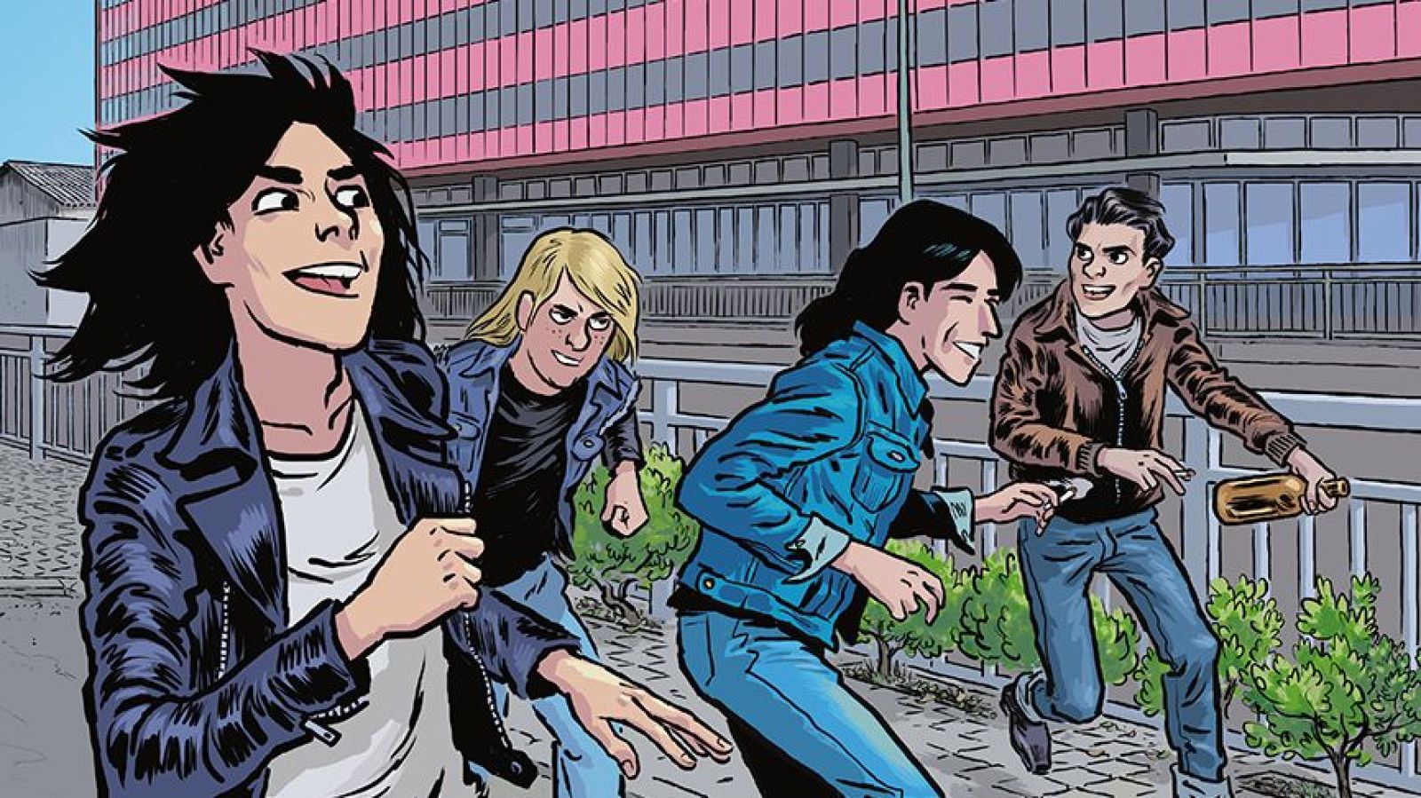 Ilustración de cómic con cuatro jóvenes varones corriendo juntos por una acera, con expresiones sonrientes y vestimenta variada, en un entorno urbano con edificios al fondo.