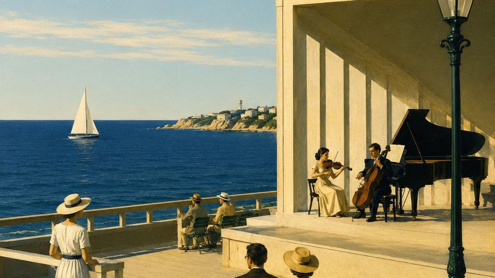 Concierto de música clásica en una terraza costera con vistas al mar. Una violinista y un violonchelista tocan junto a un piano, mientras el mar azul y una costa pintoresca completan la escena.